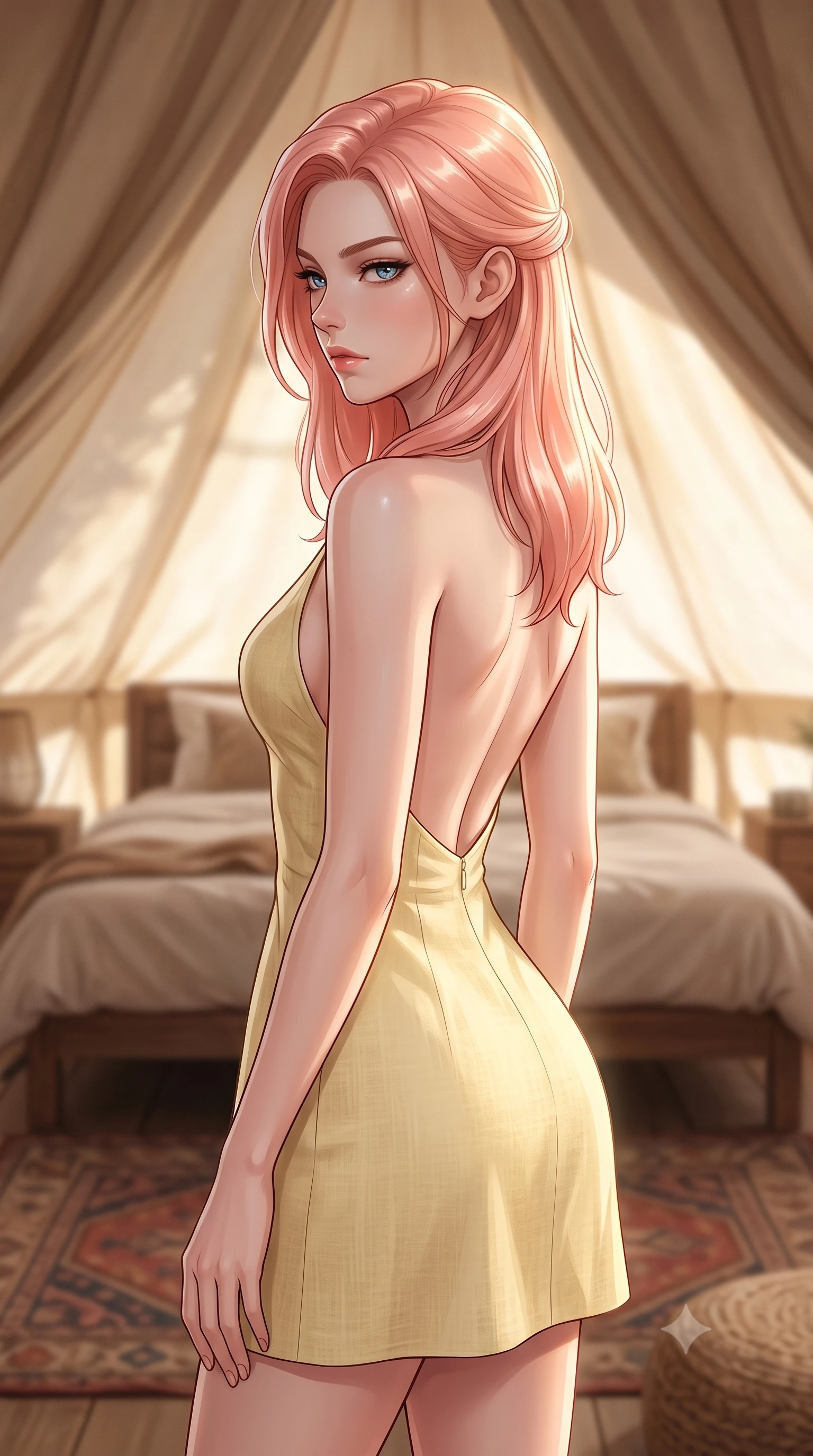 score_9, masterpiece, best quality, ultra-detailed, high-budget anime keyframe, editorial fashion photography, tasteful artistic composition, Japanese woman. close-up cowboy shot from the waist and thighs up, the character dominates the composition, filling the frame with her large presence, background elements kept in soft focus. turning her face in sharp profile, casting a cold, mysterious, yet intensely alluring side gaze, the background shows a soft-focus the interior of a glamping tent with a plush bed, bohemian carpets, and canvas walls. She has an exceptionally elegant, slender, and willowy female figure with an ultra-slim waist, a gracefully sculpted slender torso, and a refined silhouette. sharp v-shaped jawline, high-bridge nose, intricate jewel-like eyes with depth, thick eyelashes, glossy lips with a natural sheen. wearing a tailored backless summer sundress in pale yellow linen, showing her elegant shoulder blades. soft diffused daylight filtering through the canvas, creating a warm ambient glow. ultra-reflective glossy finish, specular highlights, metallic sheen, high-contrast stereoscopic depth, volumetric dynamic lighting, 2k, ultra detail, master piece, 9:16 ratio