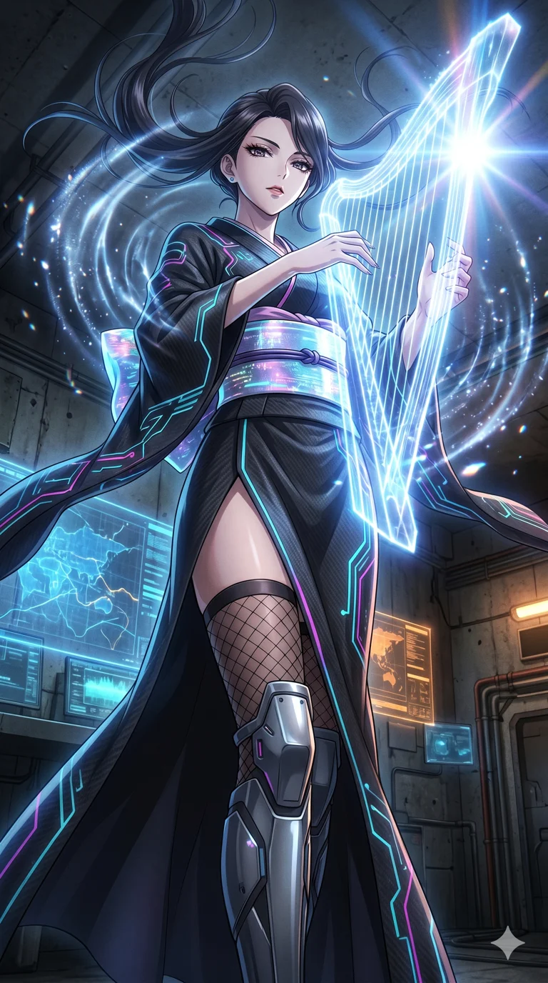 score_9, masterpiece, best quality, ultra-detailed, High-budget Anime Keyframe, vibrant colors, fluid line-art, expressive lighting, cinematic composition, Ufotable-style visual effects, top-tier animation quality, Japanese woman with delicate and elegant anime-inspired features. Dramatic low angle looking up at her majestic stature, dominating the vertical space of the composition. Playing a celestial harp made of strings of pure light, the music creating ripples in the atmosphere around her. She has an absolutely perfect 8-heads proportion, an exceptionally tall and slender female figure with impossibly long slender legs and an ultra-slim waist, her statuesque height and towering silhouette dominating the vertical 9:16 frame. Her face is a masterpiece featuring a sharp v-shaped jawline, high-bridge nose, intricate jewel-like eyes with depth, thick eyelashes, and glossy lips with a natural sheen. She is wearing a High-slit tech-kimono with holographic obi and integrated neon-lit circuitry patterns crafted from Carbon-fiber weave with a high-tech matte finish and integrated glowing filaments, accompanied by sensual fishnet stockings and thigh-high metallic boots. The scene is set in an underground rebel bunker with flickering holographic screens and tactical maps, illuminated by intense energy flares from her powers illuminating the scene with brilliant light. 2k, ultra detail, master piece, 9:16 ratio