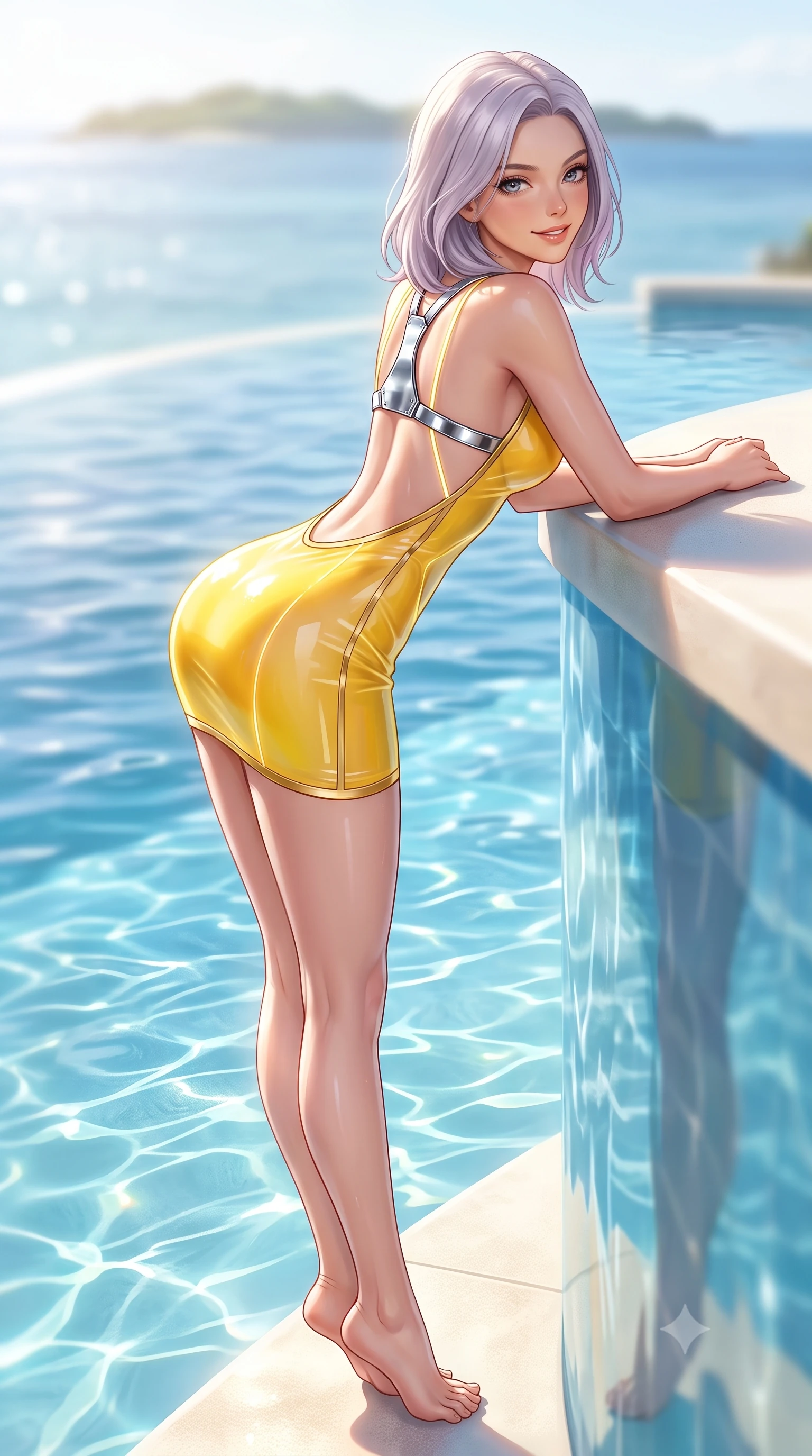 score_9, masterpiece, best quality, ultra-detailed, high-budget anime keyframe, semi-realistic 3D game render, editorial fashion photography, tasteful artistic composition, Caucasian woman. low angle full-body shot from head to toe showing her feet, filling the entire 9:16 vertical frame with her statuesque presence, stretching her vertical silhouette. arching her back in a fluid zero-gravity turn with sovereign grace, her long slender legs and sculpted torso creating a sweeping line while resting her elbows on the infinity pool edge with an alluring, sun-kissed smile looking directly into the lens. The composition keeps background elements in soft focus with creamy bokeh. sunlit infinity pool ripples and distant island horizons softened in luminous shallow depth of field. She has an absolutely perfect, statuesque 8.5-heads proportion, an exceptionally tall and slender model-like female figure with impossibly long slender legs, a toned flat midriff, and an ultra-slim waist. sharp v-shaped jawline, high-bridge nose, intricate jewel-like eyes with depth, thick eyelashes, glossy lips with a natural sheen, flawlessly proportioned anatomical accuracy, strict slender model proportions, natural body alignment, perfectly sculpted long slender limbs, ultra-slim waistline, clean dynamic posture without body distortion. wearing a second-skin fashion-latex mini dress with a clean architectural front, featuring an open-back design that wraps around the sides of her waist, showcasing her slender silhouette in vibrant sunburst canary yellow and gold trim, tailored from semi-translucent cybernetic vinyl with glowing micro-filaments, reinforced by a sleek metallic chrome harness and delicate glowing micro-straps, the sleek second-skin cut tightly hugging her graceful clavicle, narrow waist, and feminine curves with athletic precision. surrounded by a bright, luxurious, and intensely alluring sun-drenched resort atmosphere. highly saturated vibrant anime colors, detailed shading with soft gradients, rich glossy textures, high-contrast stereoscopic depth, volumetric dynamic lighting, master piece, 9:16 ratio
