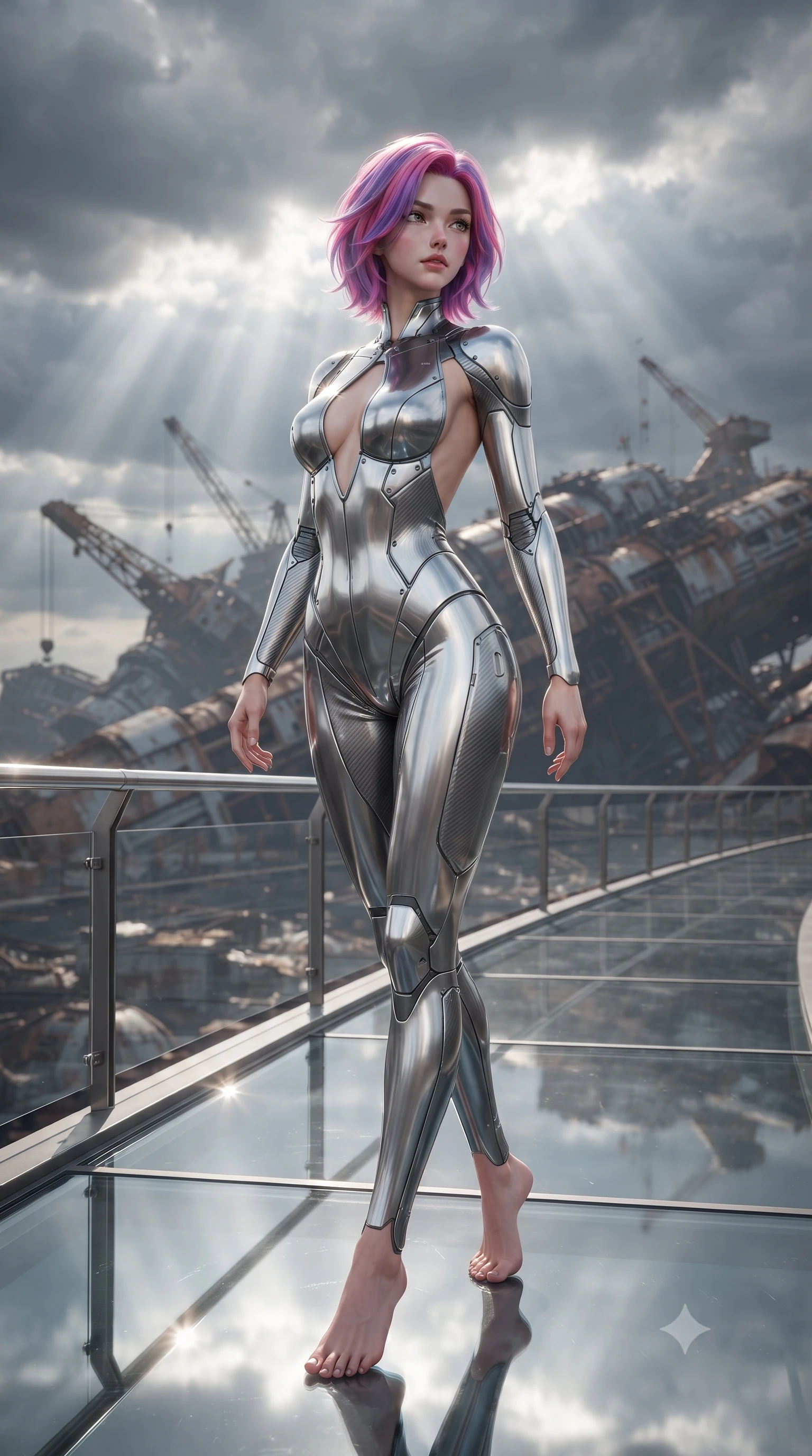 score_9, masterpiece, best quality, ultra-detailed, high-budget anime keyframe, editorial fashion photography, tasteful artistic composition, Caucasian woman. low angle full-body shot from head to toe showing her feet, filling the entire 9:16 vertical frame with her statuesque presence, stretching her vertical silhouette. walking slowly along a glass skybridge, looking back over her shoulder with an air of effortless grace, the background shows a soft-focus a starship salvage heap under a low sky filled with heavy grey storm clouds. She has an absolutely perfect, statuesque 8.5-heads proportion, an exceptionally tall and slender model-like female figure with impossibly long slender legs and an ultra-slim waist. sharp v-shaped jawline, high-bridge nose, intricate jewel-like eyes with depth, thick eyelashes, glossy lips with a natural sheen. wearing a slim-fit backless combat bodysuit in metallic silver, featuring a plunging keyhole cutout and low-cut back. bright morning sun rays slicing through cloud gaps, creating sharp reflections. ultra-reflective glossy finish, specular highlights, metallic sheen, high-contrast stereoscopic depth, volumetric dynamic lighting, 2k, ultra detail, master piece, 9:16 ratio