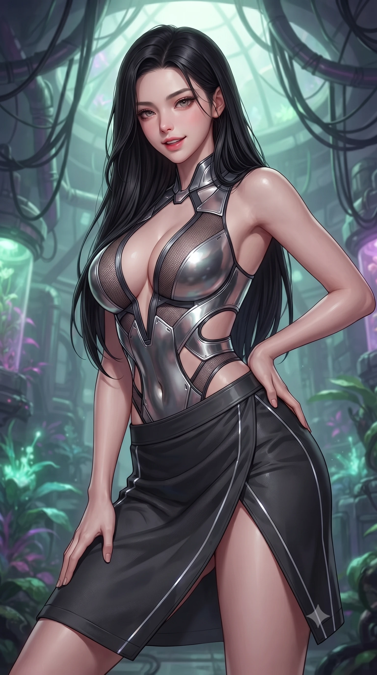score_9, masterpiece, best quality, ultra-detailed, high-budget anime keyframe, editorial fashion photography, tasteful artistic composition, Korean woman. close-up cowboy shot from the waist and thighs up, the character dominates the composition, filling the frame with her large presence, background elements kept in soft focus. leaning slightly forward with a playful, teasing smile, her gaze locked onto the viewer with lips parted in a composed pose, the background shows a soft-focus a cybernetic greenhouse dome hidden between concrete tenements. She has an exceptionally elegant, slender, and willowy female figure with an ultra-slim waist, a gracefully sculpted slender torso, and a refined silhouette. sharp v-shaped jawline, high-bridge nose, intricate jewel-like eyes with depth, thick eyelashes, glossy lips with a natural sheen. wearing a body-hugging deep plunging-V neck bodycon armor top, featuring keyhole cutouts along the ribs and a thigh-slit wrap skirt. soft green and purple bioluminescent plant glow casting an organic, eerie wash. ultra-reflective glossy finish, specular highlights, metallic sheen, high-contrast stereoscopic depth, volumetric dynamic lighting, 2k, ultra detail, master piece, 9:16 ratio