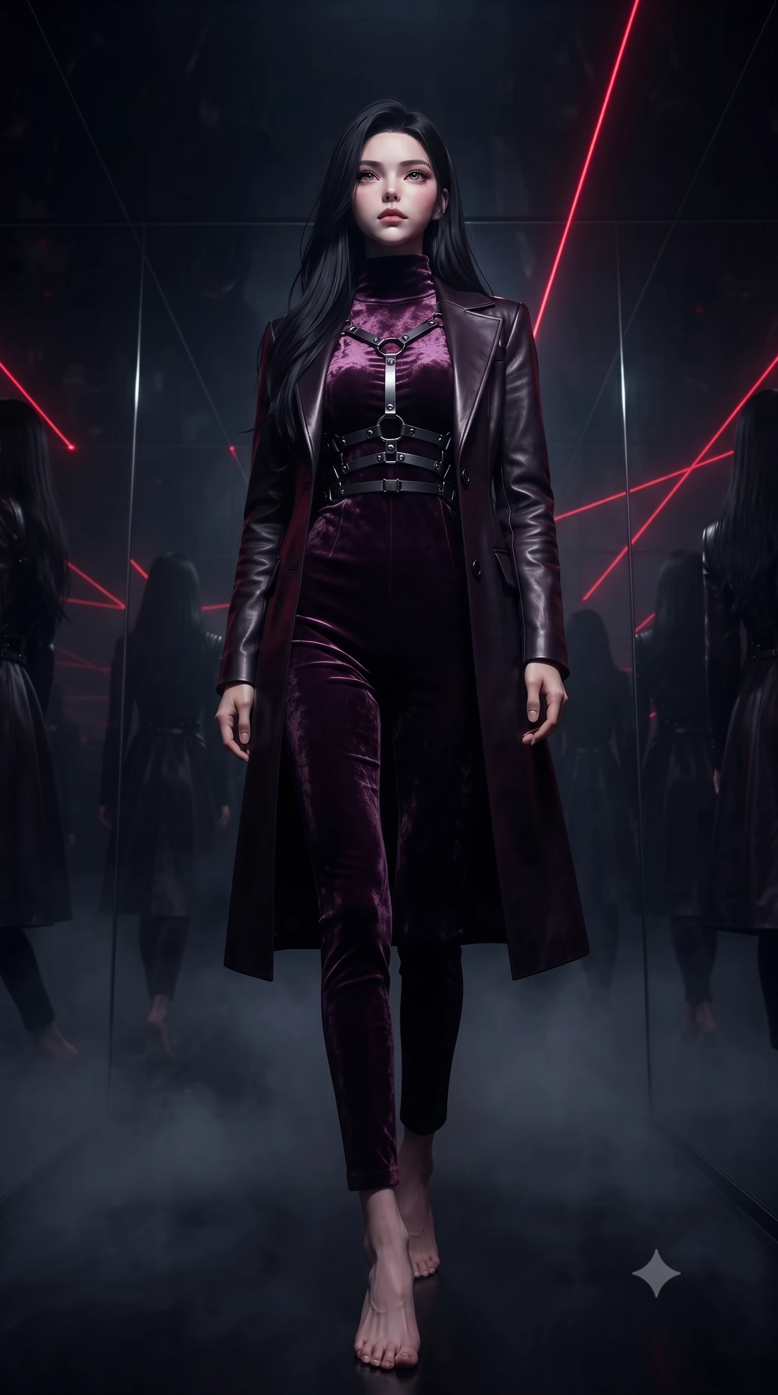 score_9, masterpiece, best quality, ultra-detailed, high-budget anime keyframe, editorial fashion photography, tasteful artistic composition, Korean woman. low angle full-body shot from head to toe showing her feet, filling the entire 9:16 vertical frame with her statuesque presence, stretching her vertical silhouette. forging confidently through the dark atmospheric mist, holding a poised statuesque stance, navigating a dark mirror maze with infinite shadowy reflections stretching into darkness, infinite dark mirror reflections fading into deep obsidian shadows. She has an absolutely perfect, statuesque 8.5-heads proportion, an exceptionally tall and slender model-like female figure with impossibly long slender legs and an ultra-slim waist. sharp v-shaped jawline, high-bridge nose, intricate jewel-like eyes with depth, thick eyelashes, glossy lips with a natural sheen. wearing structured dark leather long coat over turtleneck and tailored slacks in dark plum violet, made of crushed dark silk velvet, highlighted by a gunmetal metallic harness structure, following her slender form with tailored precision. illuminated by sharp crimson laser light multiplying through dark chrome mirrors. highly saturated vibrant anime colors, detailed shading with soft gradients, rich glossy textures, high-contrast stereoscopic depth, volumetric dynamic lighting, master piece, 9:16 ratio