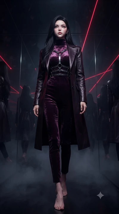 score_9, masterpiece, best quality, ultra-detailed, high-budget anime keyframe, editorial fashion photography, tasteful artistic composition, Korean woman. low angle full-body shot from head to toe showing her feet, filling the entire 9:16 vertical f
