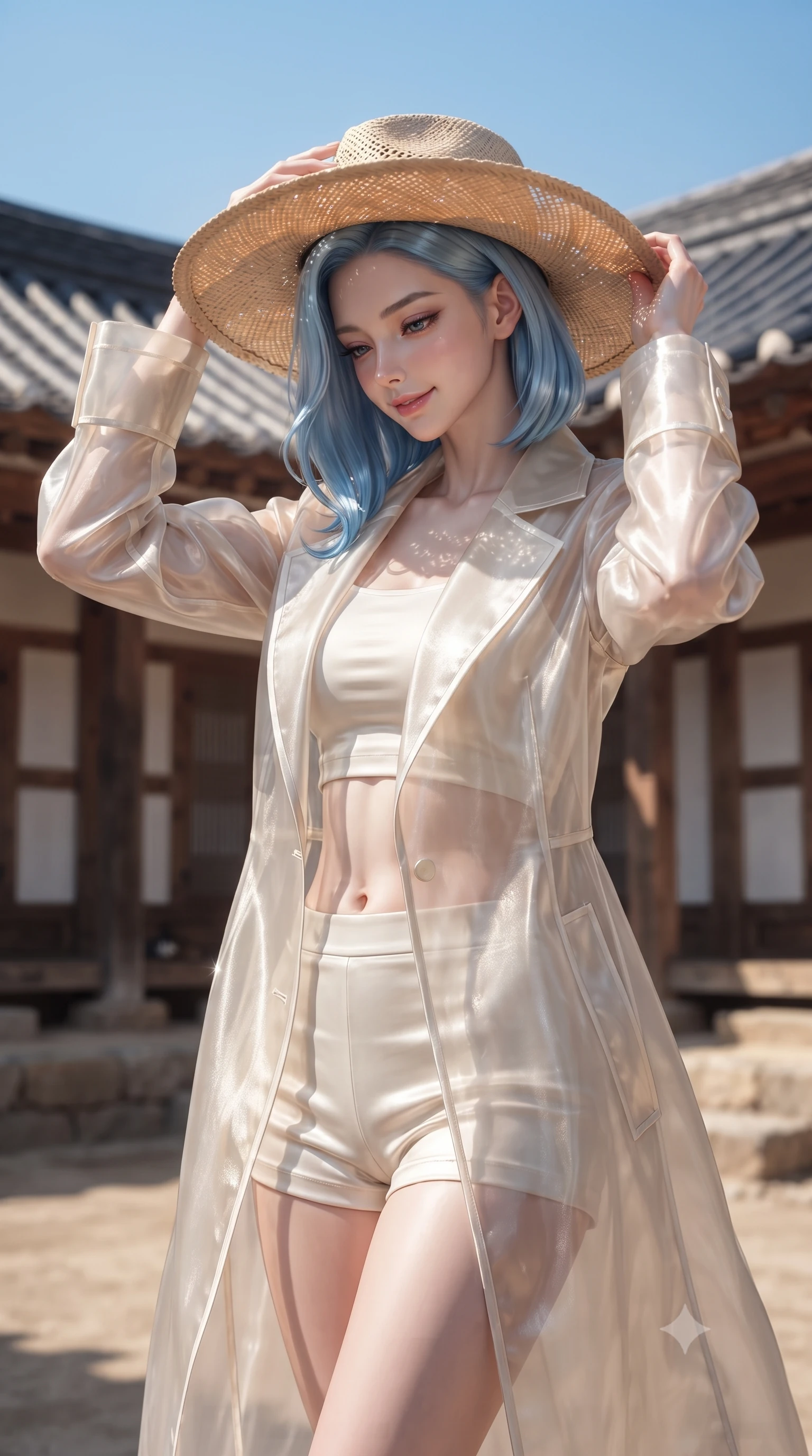 score_9, masterpiece, best quality, ultra-detailed, high-budget anime keyframe, editorial fashion photography, tasteful artistic composition, Korean woman woman. close-up cowboy shot from the waist and thighs up, the character dominates the composition, filling the frame with her large presence, background elements kept in soft focus. holding a wide-brimmed straw hat with both hands against the breeze, looking down with a soft smile the background shows a soft-focus a quiet clay-and-stone courtyard of a traditional Korean hanok house under a blue sky. She has an exceptionally elegant, slender, and willowy female figure with an ultra-slim waist, a gracefully sculpted slender torso, and a refined silhouette. sharp v-shaped jawline, high-bridge nose, intricate jewel-like eyes with depth, thick eyelashes, glossy lips with a natural sheen. wearing a slim-fit sheer organza long coat in ivory, worn over a crop top and micro-shorts. bright afternoon sunlight reflecting off the tiled roof and wooden pillars. ultra-reflective glossy finish, specular highlights, metallic sheen, high-contrast stereoscopic depth, volumetric dynamic lighting, 2k, ultra detail, master piece, 9:16 ratio