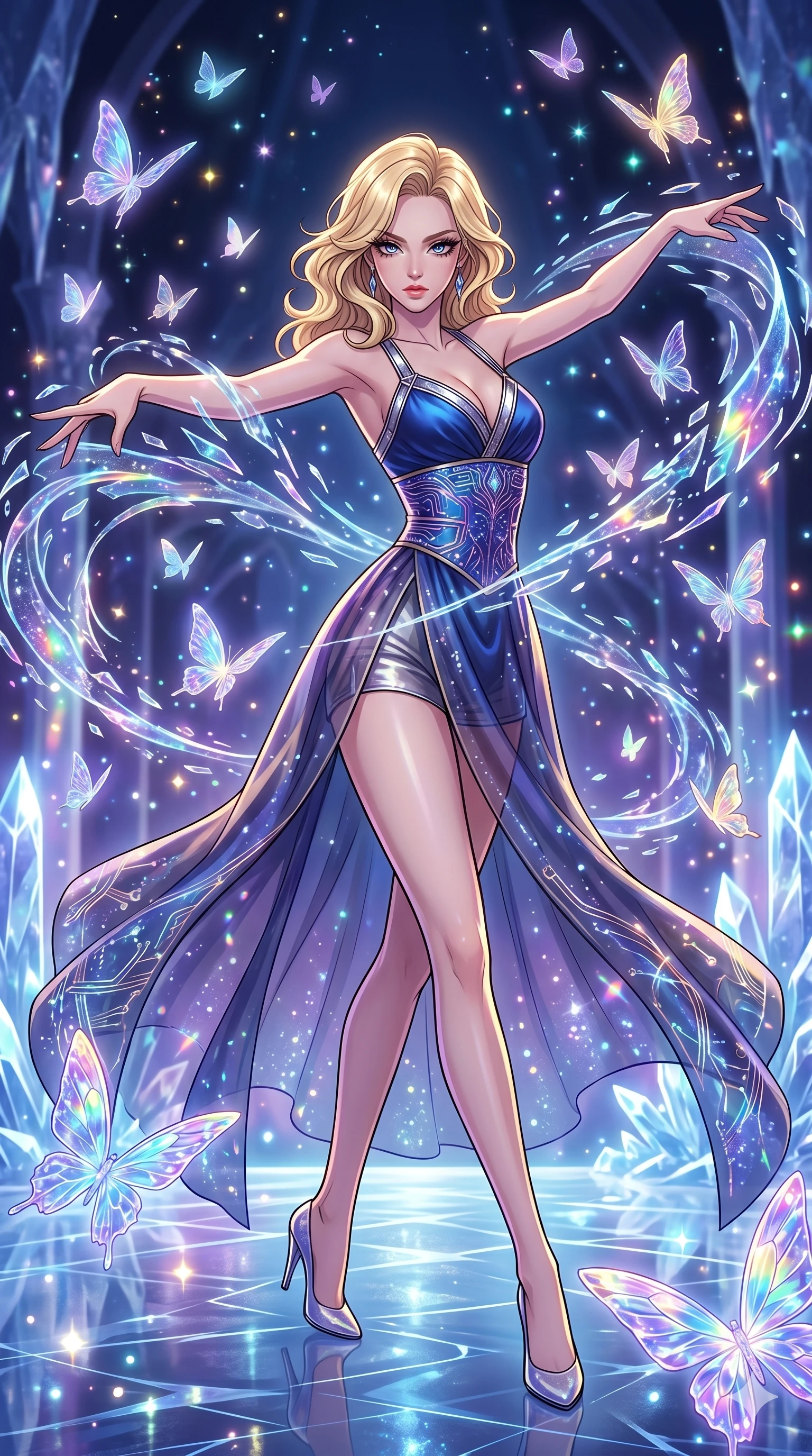 score_9, masterpiece, best quality, ultra-detailed, high-budget anime movie keyframe, cinematic anime lighting, intricate line art, Japanese woman. Dynamic full-body shot stretching the vertical silhouette across the 9:16 frame. dancing with data-shards in a frozen starlight ballroom surrounded by glowing butterflies. She has an absolutely perfect 8-heads proportion, an exceptionally tall and slender female figure with an ultra-slim waist and impossibly long slender legs. sharp v-shaped jawline, high-bridge nose, intricate jewel-like eyes, thick eyelashes, glossy lips. Wearing modernized deep-plunging silk hanbok-fusion with metallic straps, a high-slit sheer skirt over micro-shorts, and holographic embroidered patterns. The scene is illuminated by dramatic atmospheric lighting and vibrant color palettes. , 2k, ultra detail, master piece, 9:16 ratio
