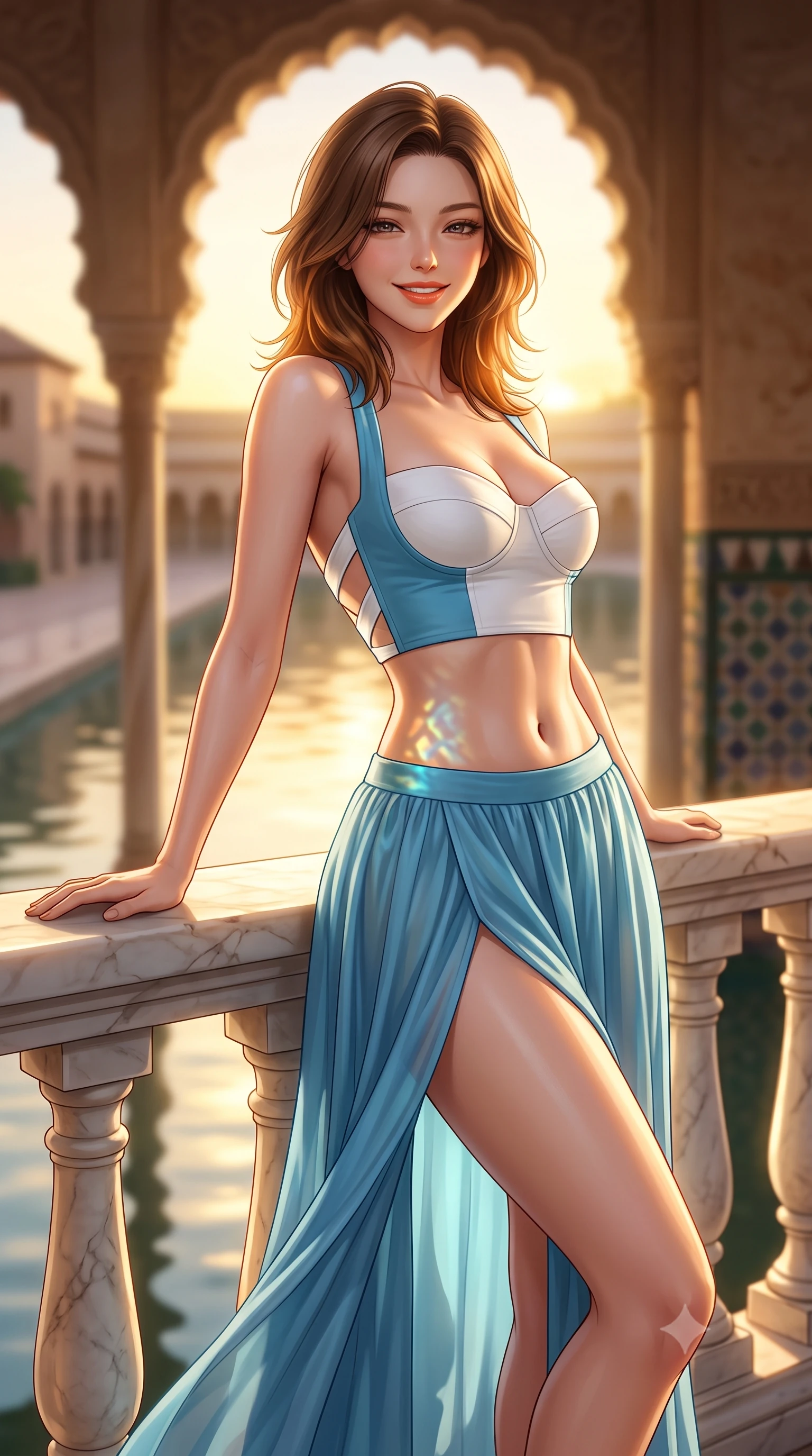 score_9, masterpiece, best quality, ultra-detailed, high-budget anime keyframe, semi-realistic 3D game render, editorial fashion photography, tasteful artistic composition, Korean woman. close-up cowboy shot from the waist and thighs up, the character dominates the composition, filling the frame with her large presence. leaning back against the sunlit marble railing with relaxed seductive grace, her flat midriff and narrow waist highlighted as golden hour light traces her curves while twisting her slender torso in an alluring contrapposto stance, Moorish tile reflections and golden sunbeams playing across her narrow waist and hips. The composition keeps background elements in soft focus with dreamy creamy bokeh. still reflection channel waters reflecting the golden sunset sky softened in historic Andalusian shallow focus. She has an exceptionally elegant, slender, and willowy female figure with an ultra-slim waist, flat toned midriff, narrow ribcage, and sculpted feminine hips creating an alluring, slim hourglass silhouette without bulk. sharp v-shaped jawline, high-bridge nose, sparkling amber-hazel eyes with depth, long lush eyelashes, glossy sun-kissed lips with a warm coral glaze, radiant teasing smile with sensual sunlit bedroom-eyes, exuding effortless old-money elegance and intoxicating sun-drenched allure, flawlessly proportioned anatomical accuracy, strict slender model proportions, natural body alignment, perfectly sculpted long slender limbs, ultra-slim waistline, clean dynamic posture without body distortion. wearing a flowing high-slit silk chiffon resort skirt paired with an architectural bustier top framing her flat midriff in Capri sea-spray blue and crisp linen white, tailored from airy semi-sheer chiffon that flutters gently in the evening breeze, finished with criss-cross back satin straps highlighting her graceful shoulder blades, the glove-like silhouette tightly following the natural contour of her hips and long slender legs with youthful 8.5-heads elegance. bathed in dramatic Andalusian late-afternoon golden hour sunlight streaming through scalloped arches. highly saturated vibrant anime colors, detailed shading with soft gradients, rich glossy textures, high-contrast stereoscopic depth, volumetric dynamic lighting, master piece, 9:16 ratio