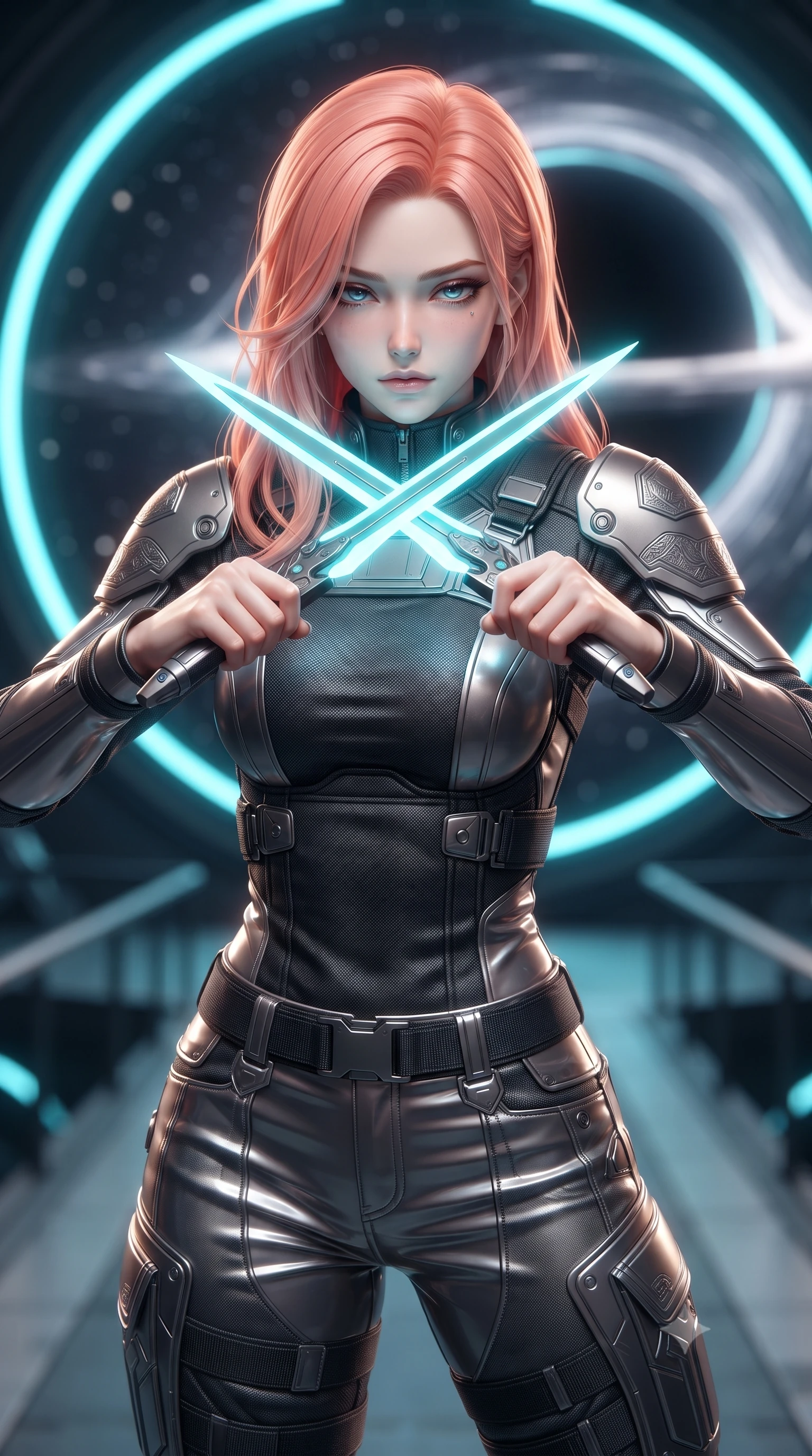 score_9, masterpiece, best quality, ultra-detailed, high-budget anime keyframe, editorial fashion photography, tasteful artistic composition, Japanese woman. close-up cowboy shot from the waist and thighs up, the character dominates the composition, filling the frame with her large presence, background elements kept in soft focus. holding two energy daggers crossed in front of her elegant collarbone, casting a heavy-lidded, sultry look, the background shows a soft-focus a circular catwalk wrapping around a shielded micro-black hole engine core. She has an exceptionally elegant, slender, and willowy female figure with an ultra-slim waist, a gracefully sculpted slender torso, and a refined silhouette. sharp v-shaped jawline, high-bridge nose, intricate jewel-like eyes with depth, thick eyelashes, glossy lips with a natural sheen. wearing a form-contouring futuristic combat uniform with structured shoulder armor plates, worn over a high-collar ballistic vest and trousers. distorted starlight bending around the dark sphere, casting circular cyan rim lights. ultra-reflective glossy finish, specular highlights, metallic sheen, high-contrast stereoscopic depth, volumetric dynamic lighting, 2k, ultra detail, master piece, 9:16 ratio