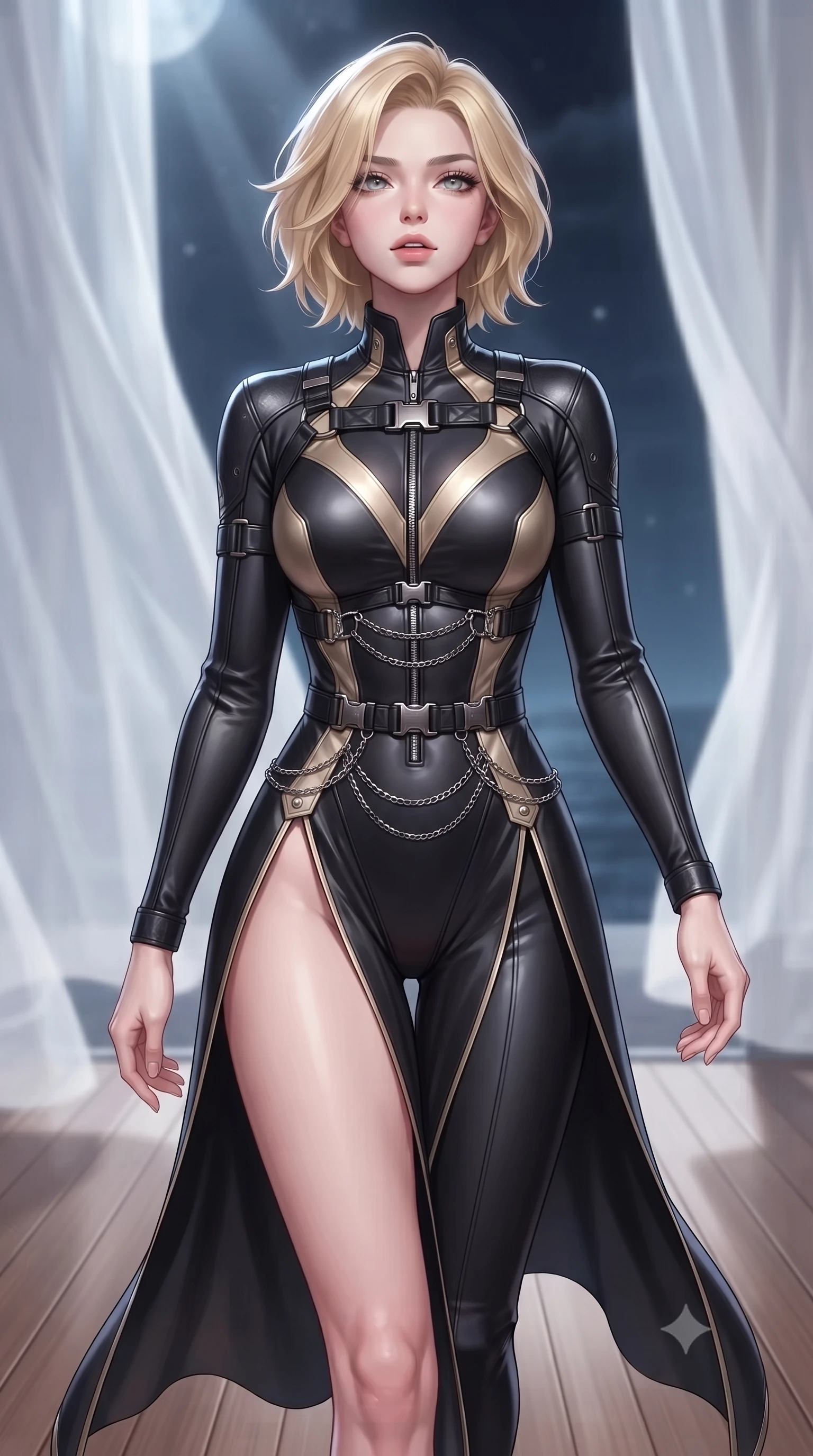 score_9, masterpiece, best quality, ultra-detailed, high-budget anime keyframe, editorial fashion photography, tasteful artistic composition, Caucasian woman. close-up cowboy shot from the waist and thighs up, the character dominates the composition, filling the frame with her large presence, background elements kept in soft focus. Tilting her chin up slightly with lips parted in a composed, magnetic expression, walking across a polished teak floor surrounded by floating sheer white curtains, impossibly long slender legs emphasized by a high thigh-slit outfit. She has an exceptionally elegant, slender, and willowy female figure with an ultra-slim waist, a gracefully sculpted slender torso, and a refined silhouette. sharp v-shaped jawline, high-bridge nose, intricate jewel-like eyes with depth, thick eyelashes, glossy lips with a natural sheen. wearing second-skin matte carbon-fiber combat suit in onyx black in champagne gold, made of liquid dark mercury jersey, framed by dark titanium buckles and silver chain details, the fitted fabric emphasizing her ultra-slim waist. illuminated by cold silver moonlight rays and soft interior ocean reflections. highly saturated vibrant anime colors, detailed shading with soft gradients, rich glossy textures, high-contrast stereoscopic depth, volumetric dynamic lighting, master piece, 9:16 ratio