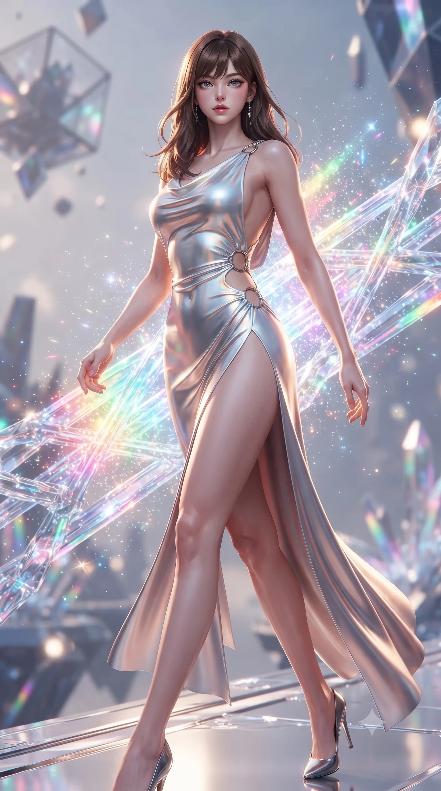 score_9, masterpiece, best quality, ultra-detailed, high-budget anime keyframe, editorial fashion photography, tasteful artistic composition, Korean woman. low angle full-body shot from head to toe showing her feet, filling the entire 9:16 vertical frame with her statuesque presence, stretching her vertical silhouette. striding forward with commanding supermodel grace, her 8.5-heads statuesque silhouette dominating the vertical frame from head to toe while drifting gracefully along a crystalline energy conduit as bursts of rainbow subatomic particles illuminate her contour. The composition keeps background elements in soft focus with creamy bokeh. sparkling subatomic light particles scattering celestial brilliance across the background. She has an absolutely perfect, statuesque 8.5-heads proportion, an exceptionally tall and slender model-like female figure with impossibly long slender legs, a toned flat midriff, and an ultra-slim waist. sharp v-shaped jawline, high-bridge nose, intricate jewel-like eyes with depth, thick eyelashes, glossy lips with a natural sheen, flawlessly proportioned anatomical accuracy, strict slender model proportions, natural body alignment, perfectly sculpted long slender limbs, ultra-slim waistline, clean dynamic posture without body distortion. wearing a precision-fitted liquid jersey bodycon gown in radiant chrome and white, featuring an open cowl back and high side slit in sculpted rose gold and luminescent champagne ivory, made of smooth flowing silk chiffon that shifts colors with movement, detailed with polished silver rings connecting the daring side-waist cutouts, the liquid-tight tailored fabric emphasizing every curve of her tall, slender model proportions and sculptured silhouette during dynamic movement. illuminated by intense directional rim lights sharply defining her ultra-slim waist, long legs, and flat midriff. ultra-reflective glossy finish, specular highlights, dark metallic sheen, high-contrast stereoscopic depth, volumetric dynamic lighting, 2k, ultra detail, master piece, 9:16 ratio