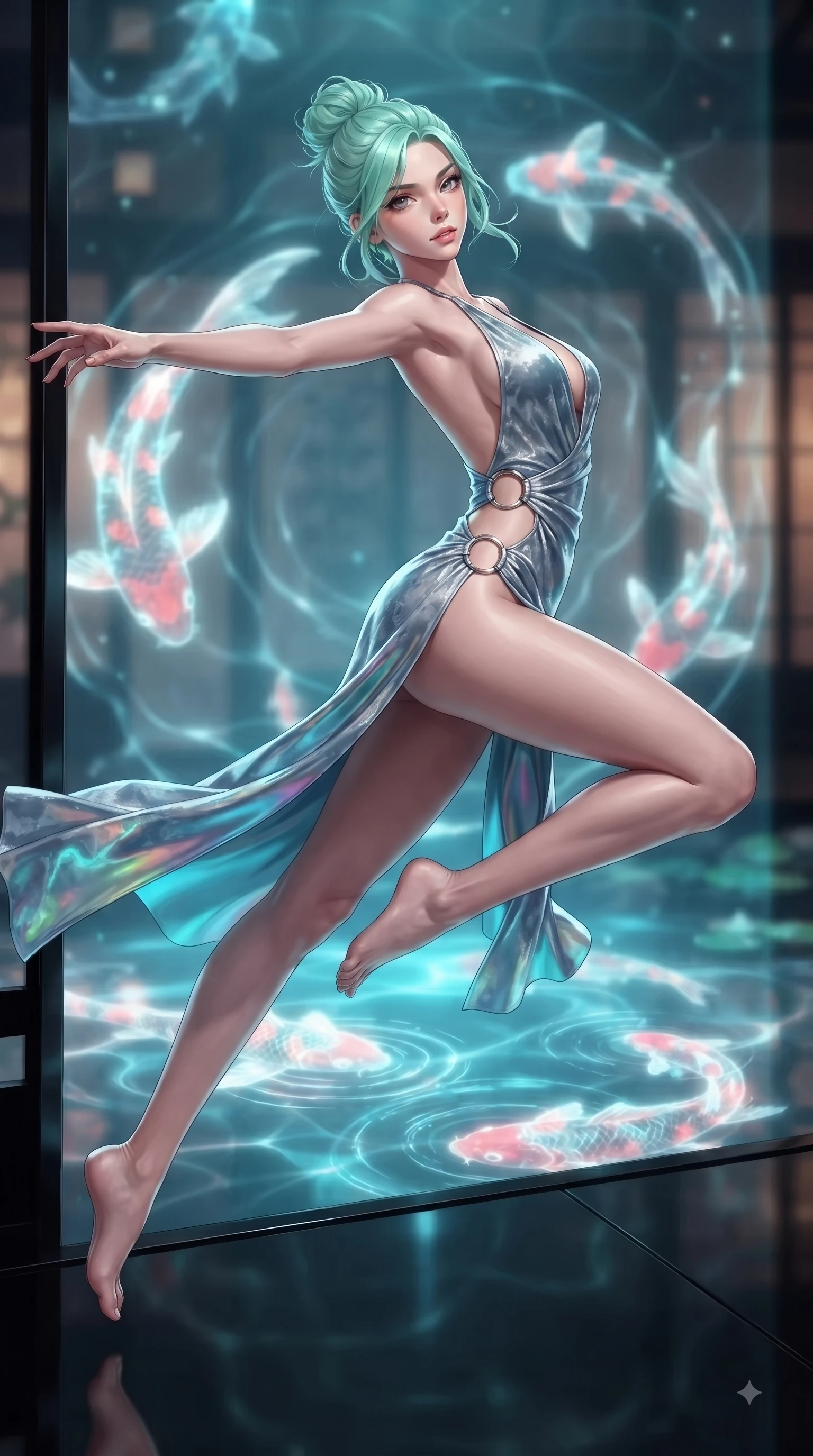 score_9, masterpiece, best quality, ultra-detailed, high-budget anime keyframe, editorial fashion photography, tasteful artistic composition, Japanese woman. low angle full-body shot from head to toe showing her feet, filling the entire 9:16 vertical frame with her statuesque presence, stretching her vertical silhouette. leaping through mid-air with an athletic yet alluring arch of her spine, her impossibly long slender legs stretched in flawless poise while sitting on a polished black lacquer veranda overlooking a glowing holographic koi pond. The composition keeps background elements in soft focus with creamy bokeh. glowing water ripples creating soft, undulating light patterns across the backdrop. She has an absolutely perfect, statuesque 8.5-heads proportion, an exceptionally tall and slender model-like female figure with impossibly long slender legs and an ultra-slim waist. sharp v-shaped jawline, high-bridge nose, intricate jewel-like eyes with depth, thick eyelashes, glossy lips with a natural sheen, flawlessly proportioned anatomical accuracy, natural body alignment, perfectly sculpted elegant limbs, clean dynamic posture without body distortion. wearing a backless crushed velvet gown with a deep V-neckline, strategic hip cutouts, and an ultra-high thigh slit in liquid mercury silver and glowing electric cyan, made of smooth iridescent silk chiffon that shifts colors with movement, detailed with polished silver rings connecting the daring side-waist cutouts, the form-contouring second-skin material highlighting her ultra-slim waist and long lines. surrounded by an intimate, exotic, and captivatingly sensual oriental cyber atmosphere. ultra-reflective glossy finish, specular highlights, metallic sheen, high-contrast stereoscopic depth, volumetric dynamic lighting, 2k, ultra detail, master piece, 9:16 ratio