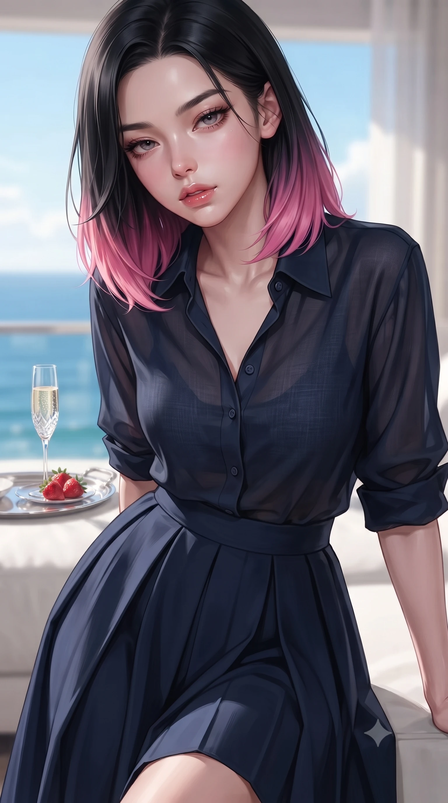 score_9, masterpiece, best quality, ultra-detailed, high-budget anime keyframe, editorial fashion photography, tasteful artistic composition, Korean woman. close-up cowboy shot from the waist and thighs up, the character dominates the composition, filling the frame with her large presence, background elements kept in soft focus. looking down at the viewer beneath lowered lashes with a quiet, smoldering confidence and parted lips set against a soft-focus background of inside an exclusive oceanfront balcony with a crystal glass of sparkling champagne and fresh strawberries on a silver tray. She has an exceptionally elegant, slender, and willowy female figure with an ultra-slim waist, a gracefully sculpted slender torso, and a refined silhouette. sharp v-shaped jawline, high-bridge nose, intricate jewel-like eyes with depth, thick eyelashes, glossy lips with a natural sheen. wearing form-contouring midnight navy semi-opaque chiffon casual linen button-down shirt paired with a flowy pleated midi skirt featuring refined tailored seams. accented by a single dramatic key light highlighting her statuesque posture and slim waist. ultra-reflective glossy finish, specular highlights, metallic sheen, high-contrast stereoscopic depth, volumetric dynamic lighting, 2k, ultra detail, master piece, 9:16 ratio