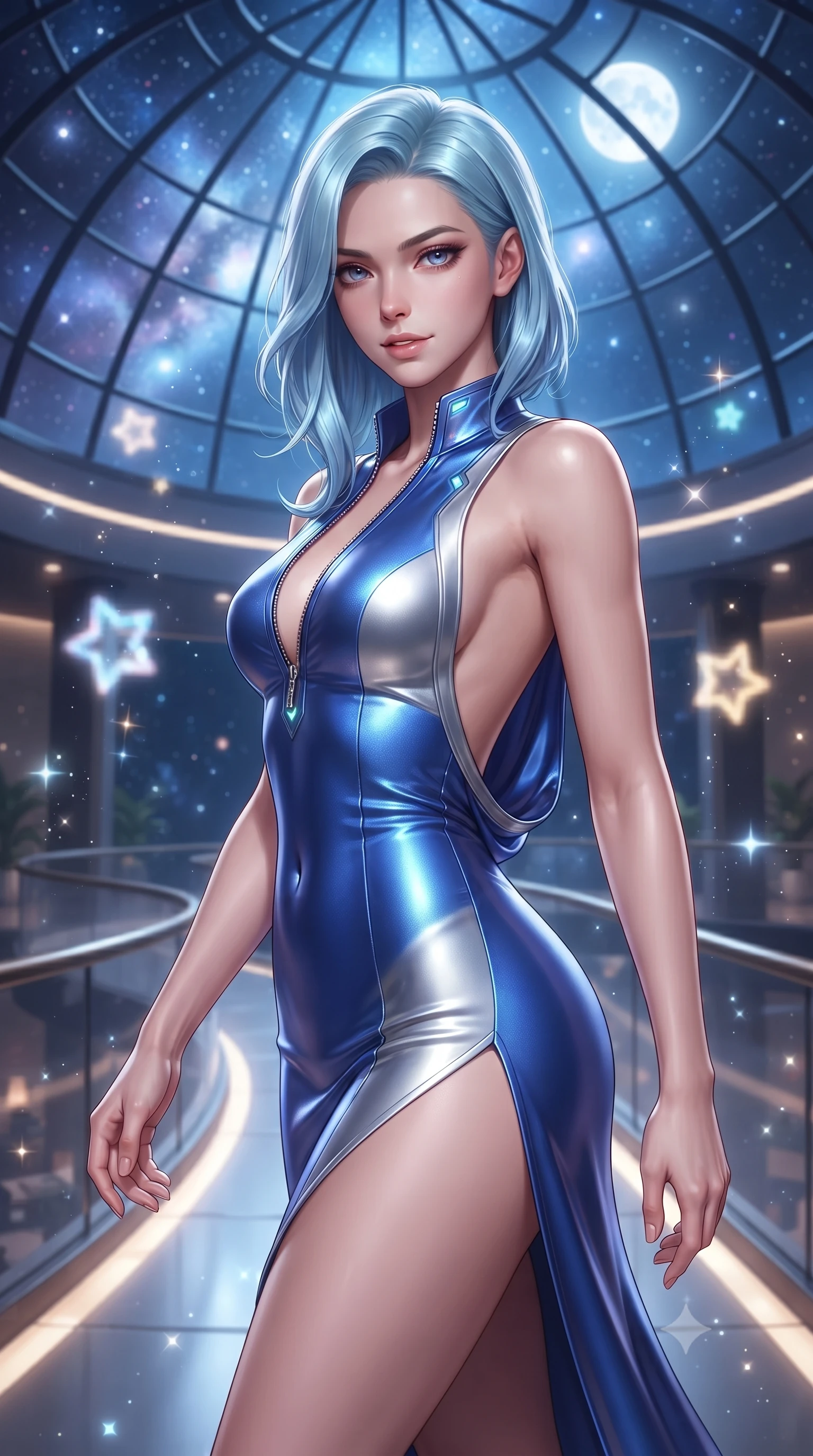 score_9, masterpiece, best quality, ultra-detailed, high-budget anime keyframe, editorial fashion photography, tasteful artistic composition, Korean woman. close-up cowboy shot from the waist and thighs up, the character dominates the composition, filling the frame with her large presence. gazing directly into the lens with bedroom eyes and a breathtaking, dangerous allure that commands the entire composition while stepping along a curved mezzanine walkway under a soaring glass dome catching brilliant starlight and moonlight. The composition keeps background elements in soft focus with creamy bokeh. sparkling holographic stardust scattering soft glowing light across a celestial backdrop. She has an exceptionally elegant, slender, and willowy female figure with an ultra-slim waist, a gracefully sculpted slender torso, toned flat midriff, and a refined slim silhouette. sharp v-shaped jawline, high-bridge nose, intricate jewel-like eyes with depth, thick eyelashes, glossy lips with a natural sheen, flawlessly proportioned anatomical accuracy, strict slender model proportions, natural body alignment, perfectly sculpted long slender limbs, ultra-slim waistline, clean dynamic posture without body distortion. wearing a precision-fitted liquid jersey bodycon dress with a dramatic draped cowl back that swoops down to her waist and a high side slit in liquid electric cobalt blue and polished silver, formed from high-gloss patent material with specular light reflections, featuring a dangerously unzipped neckline framed by glowing cybernetic accents, the sleek second-skin cut tightly hugging her graceful clavicle, narrow waist, and feminine curves with athletic precision. illuminated by glowing holographic star glyphs and crisp specular highlights on polished metal. ultra-reflective glossy finish, specular highlights, metallic sheen, high-contrast stereoscopic depth, volumetric dynamic lighting, 2k, ultra detail, master piece, 9:16 ratio