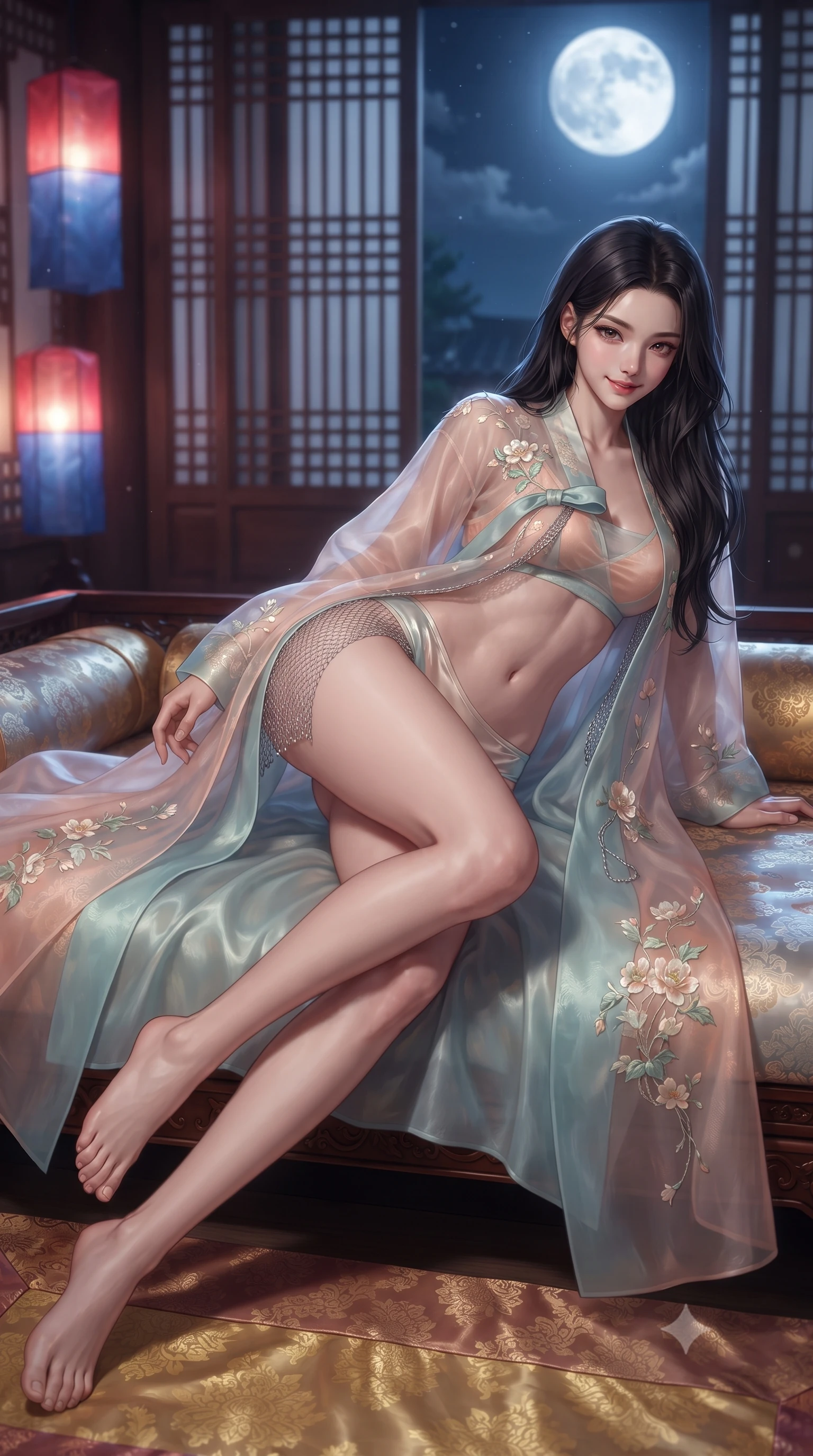 score_9, masterpiece, best quality, ultra-detailed, high-budget anime keyframe, editorial fashion photography, tasteful artistic composition, Korean woman. low angle full-body shot from head to toe showing her feet, filling the entire 9:16 vertical frame with her statuesque presence, stretching her vertical silhouette. lounging on the lavish daybed with legs crossed and hips angled toward the camera, displaying her toned midriff and long slender limbs with effortless siren poise while twisting her slender torso in an alluring contrapposto stance, cool night breezes fluttering her sheer silk robe around her narrow waist and curvy hips. The background shows a soft-focus traditional palace wooden lattice screens and glowing red-and-blue silk lanterns softened in ethereal night shallow focus. She has an absolutely perfect, statuesque 8.5-heads proportion, an exceptionally tall and slender model-like female figure with impossibly long slender legs, an ultra-slim waist, a flat toned midriff, narrow delicate ribcage, and beautifully sculpted feminine hips creating a graceful, slim hourglass silhouette without any bulky heaviness. sharp v-shaped jawline, high-bridge nose, sparkling eyes with hypnotic seductive depth, thick curled eyelashes, glossy parted lips with a natural dewy peach sheen, alluring bedroom-eyes with an enchanting coquettish smile, exuding magnetic siren charisma and sophisticated glamour, flawlessly proportioned anatomical accuracy, strict slender model proportions, natural body alignment, perfectly sculpted long slender limbs, ultra-slim waistline, clean dynamic posture without body distortion. wearing a provocative sheer illusion mesh jeogori with strategic embroidered silk flowers over a micro-bralette and satin briefs in pastel peach blossom and celadon porcelain blue, crafted from shimmering fluid chainmail mesh reflecting ambient neon lights, featuring fine criss-cross lace-up side ties revealing tantalizing glimpses of her hip curve, the liquid-tight tailored fabric clinging flawlessly to her narrow waist and rounded feminine hips, emphasizing every millimeter of her sculpted slim hourglass curves without any bulky heaviness. bathed in pure silver moonlight cascading directly from the harvest full moon above. ultra-reflective glossy finish, specular highlights, rich textural contrasts, high-contrast stereoscopic depth, volumetric dynamic lighting, 2k, ultra detail, master piece, 9:16 ratio