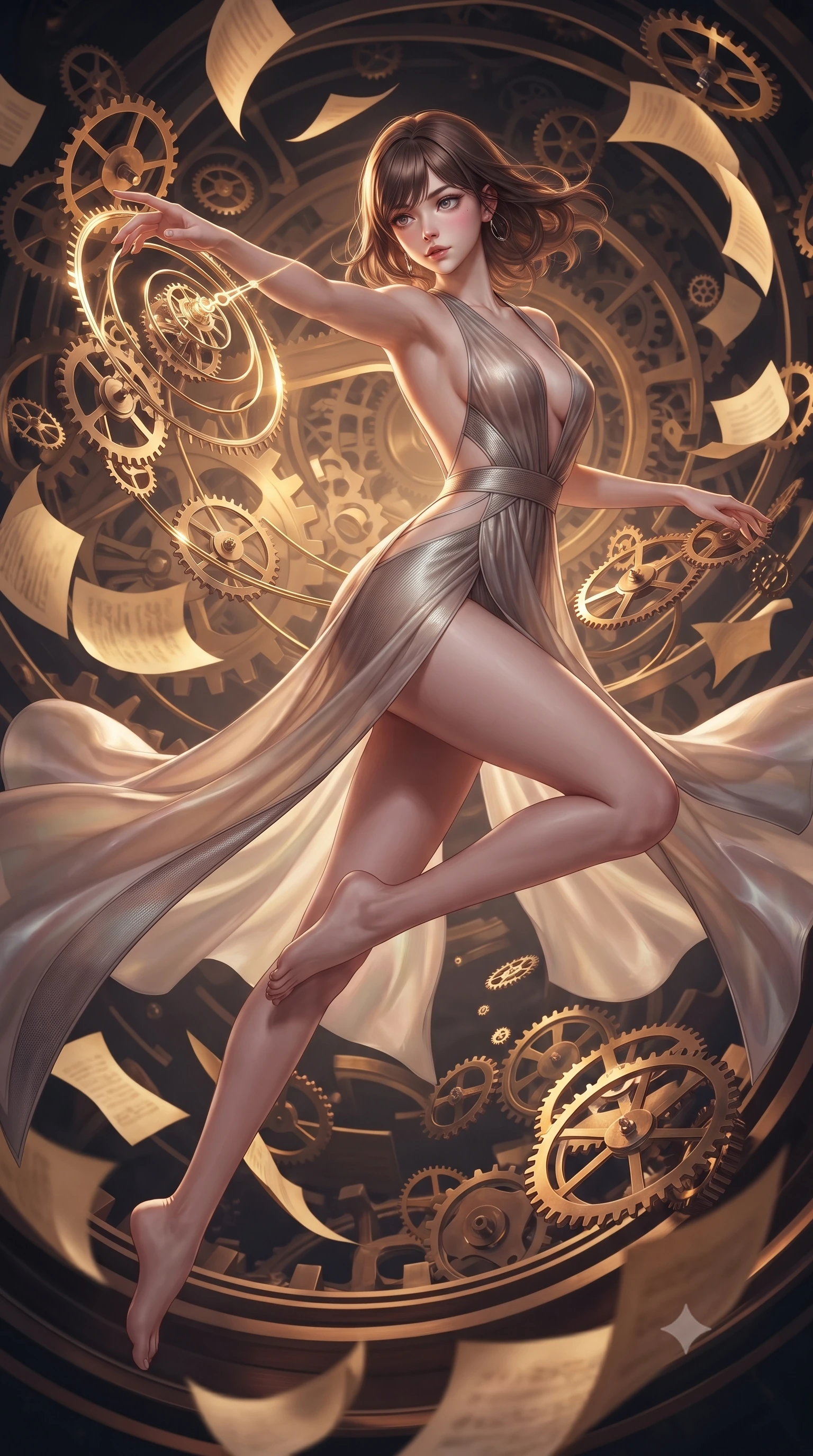 score_9, masterpiece, best quality, ultra-detailed, high-budget anime keyframe, editorial fashion photography, tasteful artistic composition, Korean woman. low angle full-body shot from head to toe showing her feet, filling the entire 9:16 vertical frame with her statuesque presence, stretching her vertical silhouette. performing an athletic mid-air rotation with flawless poise, her vertical silhouette beautifully stretched while reaching forward to adjust a glowing clockwork spring wire in a storm of gear parts, golden paper manuscript pages fluttering around her in a dynamic tempest breeze. She has an absolutely perfect, statuesque 8.5-heads proportion, an exceptionally tall and slender model-like female figure with impossibly long slender legs and an ultra-slim waist. sharp v-shaped jawline, high-bridge nose, intricate jewel-like eyes with depth, thick eyelashes, glossy lips with a natural sheen, flawlessly proportioned anatomical accuracy, natural body alignment, perfectly sculpted elegant limbs, clean dynamic posture without body distortion. wearing a translucent iridescent chiffon gown with a plunging neckline and open back in muted taupe and soft ivory, made of fine carbon-fiber weave and soft matte leather, featuring clean architectural cutouts along her slender torso, the elegant draped fit framing her graceful clavicle and slender torso. bathed in warm twilight amber backlighting and rich metallic specular glow. ultra-reflective glossy finish, specular highlights, metallic sheen, high-contrast stereoscopic depth, volumetric dynamic lighting, 2k, ultra detail, master piece, 9:16 ratio