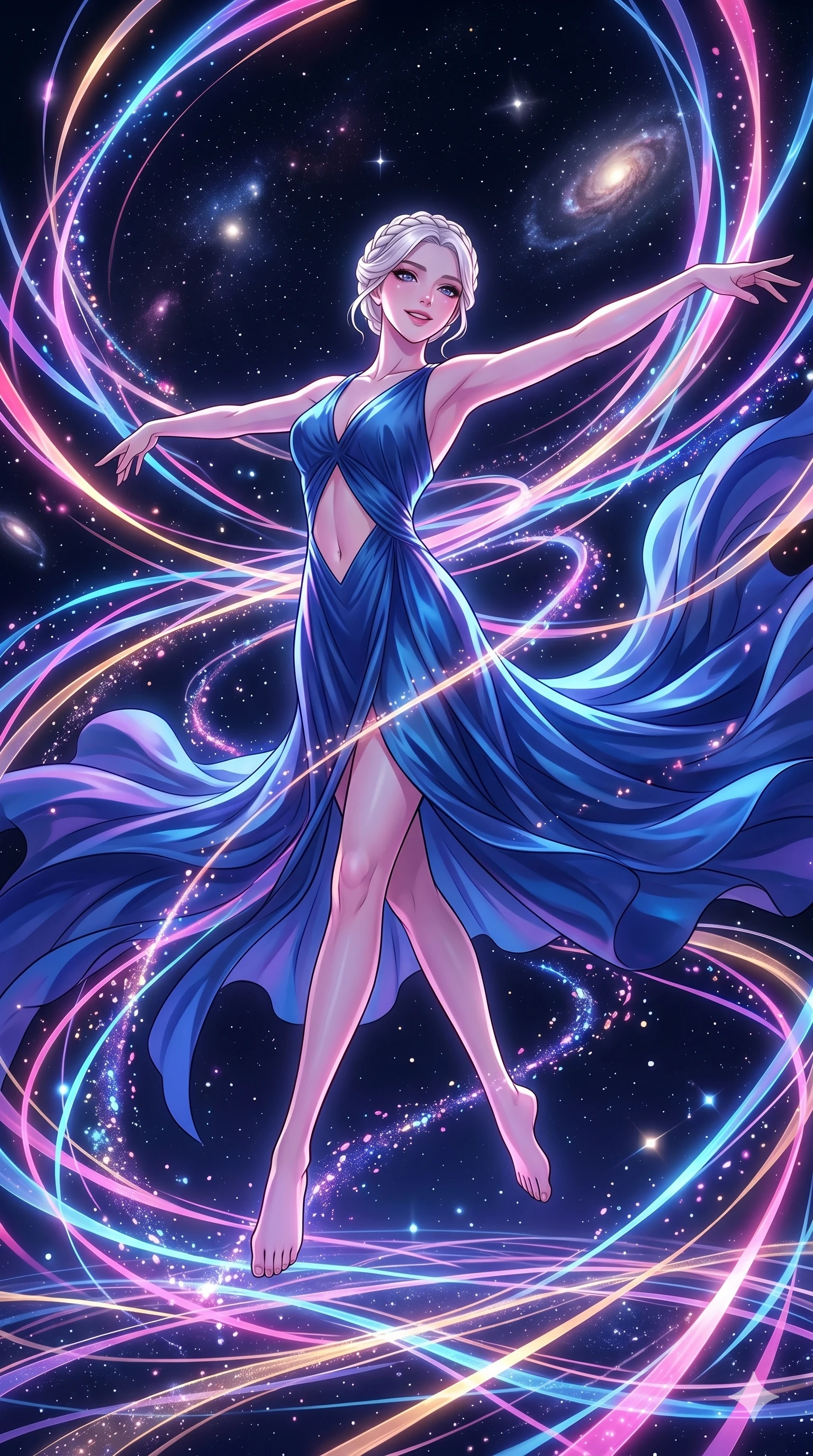 score_9, masterpiece, best quality, ultra-detailed, High-budget Anime Keyframe, vibrant colors, fluid line-art, expressive lighting, cinematic composition, Ufotable-style visual effects, top-tier animation quality, Korean woman with idol-like refined features. Dynamic full-body shot stretching the vertical silhouette, capturing her from a powerful low-angle perspective. Dancing amidst a storm of glowing ribbons that trail behind her every movement. She has an absolutely perfect 8-heads proportion, an exceptionally tall and slender female figure with impossibly long slender legs and an ultra-slim waist, her statuesque height and towering silhouette dominating the vertical 9:16 frame. Her face is a masterpiece featuring a sharp v-shaped jawline, high-bridge nose, intricate jewel-like eyes with depth, thick eyelashes, and glossy lips with a natural sheen. She is wearing a Flowing silk gown that ripples like liquid, featuring a small diamond-shaped cutout at the navel. The scene is set in a starlit void where ribbons of light serve as the only paths. 2k, ultra detail, master piece, 9:16 ratio