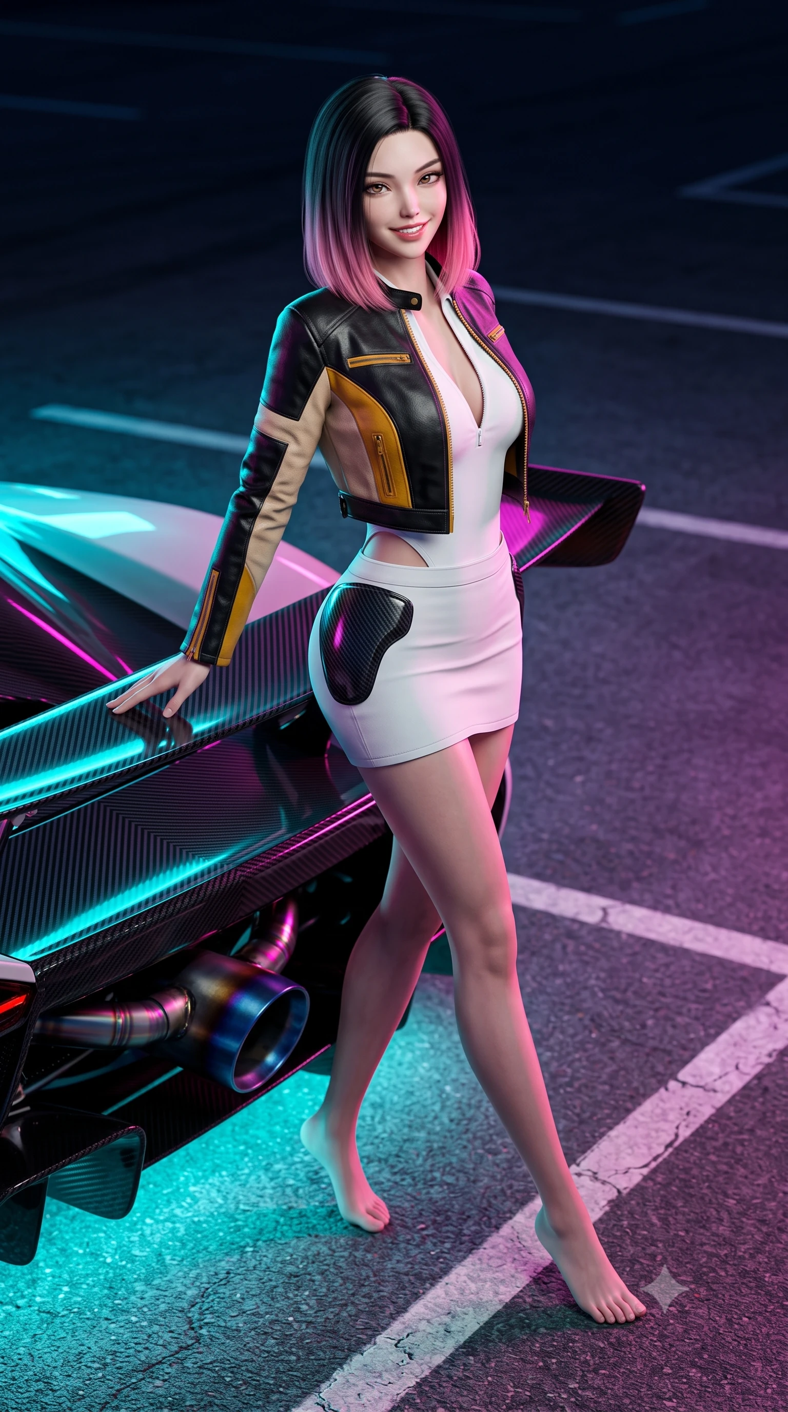 score_9, masterpiece, best quality, ultra-detailed, high-budget anime keyframe, semi-realistic 3D game render, editorial fashion photography, tasteful artistic composition, Korean woman. low angle full-body shot from head to toe showing her feet, filling the entire 9:16 vertical frame with her statuesque presence, stretching her vertical silhouette. stepping forward gracefully across the paddock tarmac in mid-motion with a radiant beaming smile, hips swaying in an alluring kinetic rhythm that accentuates her curvy hourglass silhouette and long slender legs while sitting on the wide carbon rear wing of an exotic Japanese hypercar, arching her lower back with dangerous, smoldering racing queen allure. The surrounding environment is rendered in vivid detail and crisp panoramic clarity: sharp titanium exhaust tip heat-burn discoloration, glossy car paint reflections, and asphalt parking bay line clarity in deep focus. She has an absolutely perfect, statuesque 8.5-heads proportion, an exceptionally tall and slender model-like female figure with impossibly long slender legs, an ultra-slim waist, a flat toned midriff, narrow delicate ribcage, and beautifully sculpted feminine hips creating a graceful, slim hourglass silhouette without any bulky heaviness. sharp v-shaped jawline, high-bridge nose, sparkling eyes with athletic focus and depth, thick curled eyelashes, glossy parted lips with a natural coral-peach sheen, bright confident and coquettish smile with alluring bedroom-eyes, exuding both youthful sporty vigor and sovereign high-society glamour, flawlessly proportioned anatomical accuracy, strict slender model proportions, natural body alignment, perfectly sculpted long slender limbs, ultra-slim waistline, clean dynamic posture without body distortion. wearing a cropped leather motorcycle jacket worn over a plunging polo bodysuit and tailored white micro-skirt in warm oatmeal beige and deep Ferrari yellow, crafted from sheer delicate stretch lace reinforced with technical sport threads, accented with sleek aerodynamic carbon-fiber hip pads framing her narrow waist, the form-contouring athletic cut accentuating her sculpted flat midriff, narrow delicate ribcage, and gracefully curvy hips with supermodel precision. bathed in intense saturated underglow neons in electric cyan and magenta contrasting with night shadows. highly saturated vibrant anime colors, detailed shading with soft gradients, rich glossy textures, high-contrast stereoscopic depth, volumetric dynamic lighting, master piece, 9:16 ratio