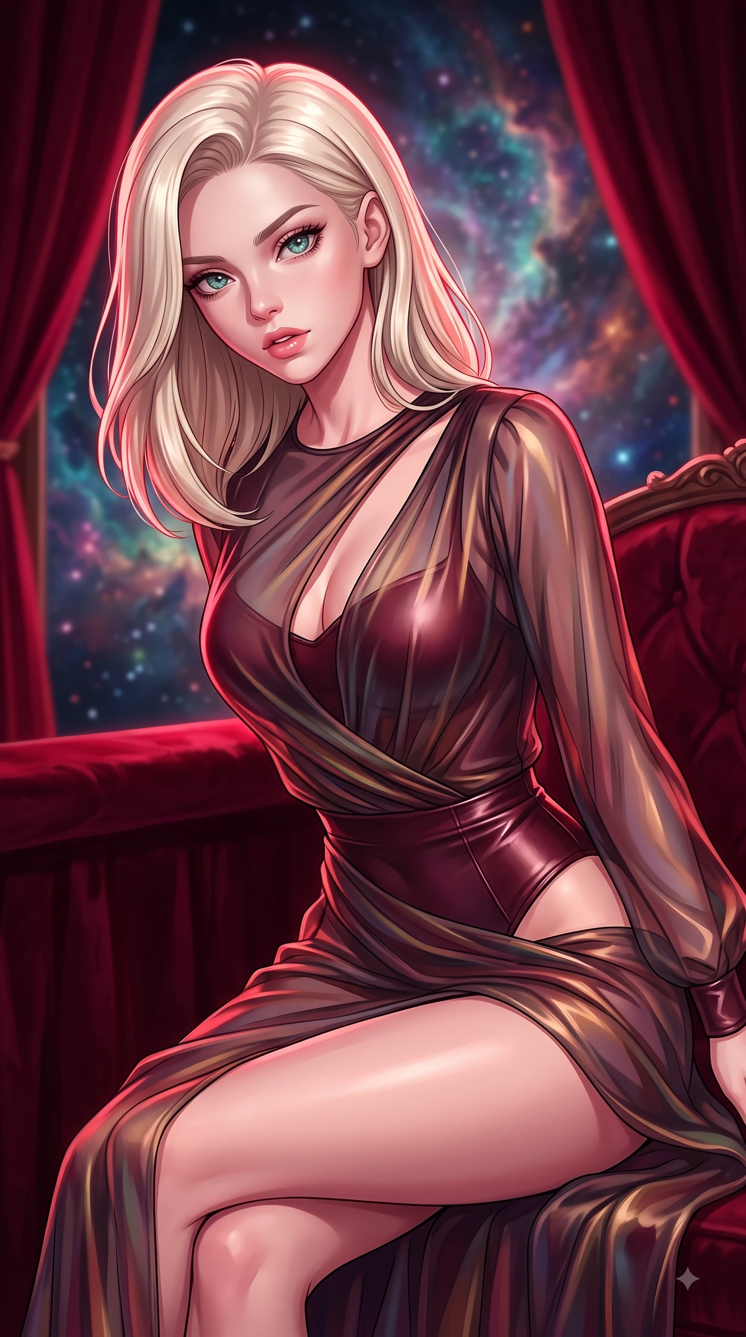 score_9, masterpiece, best quality, ultra-detailed, high-budget anime keyframe, editorial fashion photography, tasteful artistic composition, Caucasian woman. close-up cowboy shot from the waist and thighs up, the character dominates the composition, filling the frame with her large presence, background elements kept in soft focus. Leaning forward gracefully with lips parted, casting a smoldering magnetic gaze directly into the lens while sitting in a private opera box draped in crimson velvet, gazing over a swirling cosmic nebula, dramatic theatrical lighting emphasizing every curve of her athletic build. She has an exceptionally elegant, slender, and willowy female figure with an ultra-slim waist, a gracefully sculpted slender torso, and a refined silhouette. sharp v-shaped jawline, high-bridge nose, intricate jewel-like eyes with depth, thick eyelashes, glossy lips with a natural sheen, flawlessly proportioned anatomical accuracy, natural body alignment, perfectly sculpted elegant limbs, clean dynamic posture without body distortion. wearing a semi-opaque sheer overlay dress over a leather micro-bodysuit in deep burgundy and bronze, crafted from iridescent chiffon that shifts colors in the light, accented with a Tasteful chest slit framing her clavicle gracefully, the elegant draped fit framing her graceful clavicle and slender torso. bathed in deep crimson theatrical lighting with sharp specular highlights on every curve. highly saturated vibrant anime colors, detailed shading with soft gradients, rich glossy textures, high-contrast stereoscopic depth, volumetric dynamic lighting, master piece, 9:16 ratio