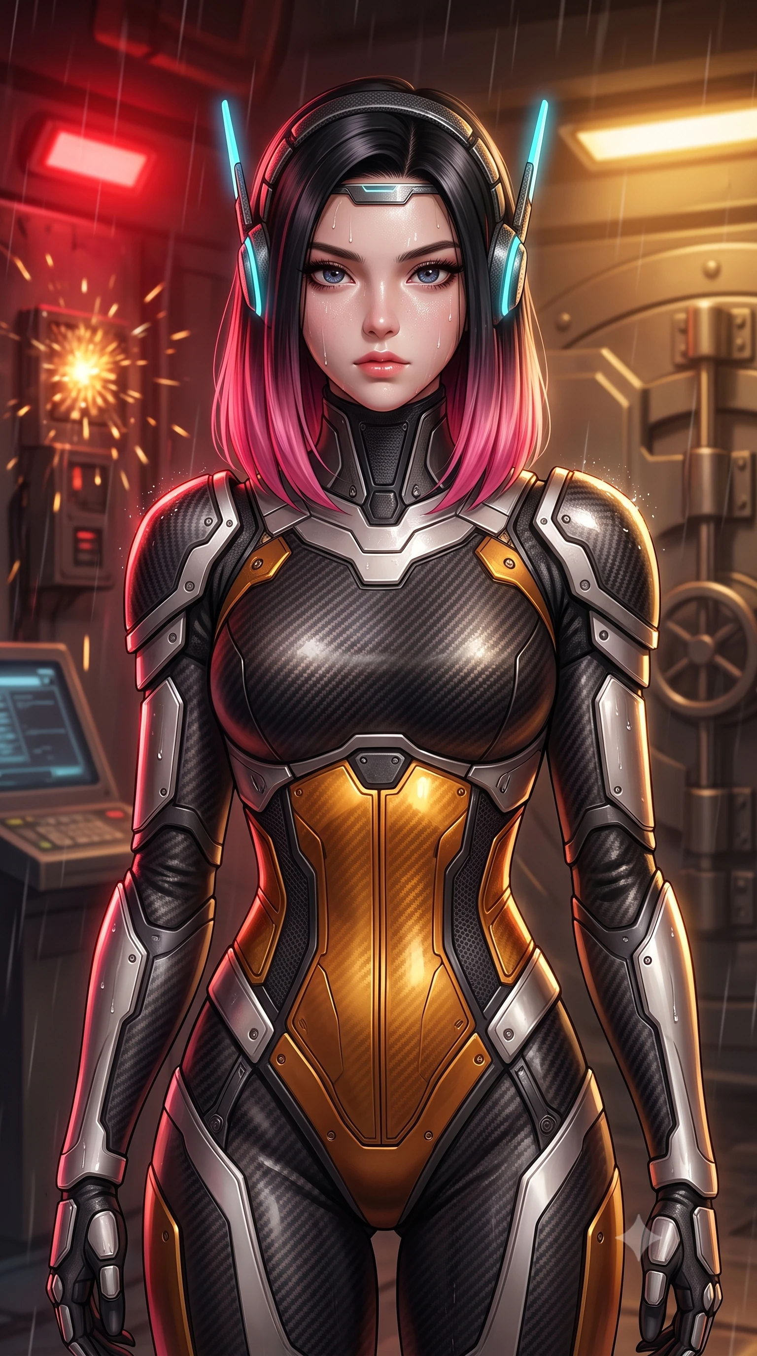 score_9, masterpiece, best quality, ultra-detailed, high-budget anime keyframe, semi-realistic 3D game render, editorial fashion photography, tasteful artistic composition, Korean woman. close-up cowboy shot from the waist and thighs up, the character dominates the composition, filling the frame with her large presence. tilting her head slightly with solemn warrior composure, sweat and rain glistening on her sculpted collarbones and high-bridge nose while standing tall under blinking emergency floodlights as the bunker security systems spark and collapse in defeat. The composition keeps background elements in soft focus with creamy bokeh. heavy vault door mechanisms and security terminal consoles softened in moody atmospheric depth. She has an exceptionally elegant, slender, and willowy female figure with an ultra-slim waist, a gracefully sculpted slender torso, toned flat midriff, and a refined slim silhouette. sharp v-shaped jawline, high-bridge nose, intricate jewel-like eyes with depth, thick eyelashes, glossy lips with a natural sheen, fierce and resolute heroine expression, flawlessly proportioned anatomical accuracy, strict slender model proportions, natural body alignment, perfectly sculpted long slender limbs, ultra-slim waistline, clean dynamic posture without body distortion. wearing a lightweight carbon-fiber tactical sensory headpiece with glowing cyan ear-antennae and an ultra-thin forehead HUD brow-band, paired with a statuesque high-fashion cyber-warrior armor suit with platinum bevels, heavy articulated shoulder guards, and an ultra-slim waist-cinching corset in molten amber-gold carbon cuirass with dark gunmetal weave, crafted from ultra-strong woven carbon-fiber composite with battle-tested satin luster, finished with high-mobility flexible armor articulation seams and miniature magnetic locks, the liquid-tight tailored fabric emphasizing every curve of her tall, slender model proportions and sculptured silhouette during dynamic movement. bathed in intense pulsing red hazard strobe lighting and warm golden emergency lamp fill. rich saturated anime colors with glowing neon highlights, detailed shading with soft gradients, rich glossy textures, high-contrast stereoscopic depth, volumetric dynamic lighting, master piece, 9:16 ratio