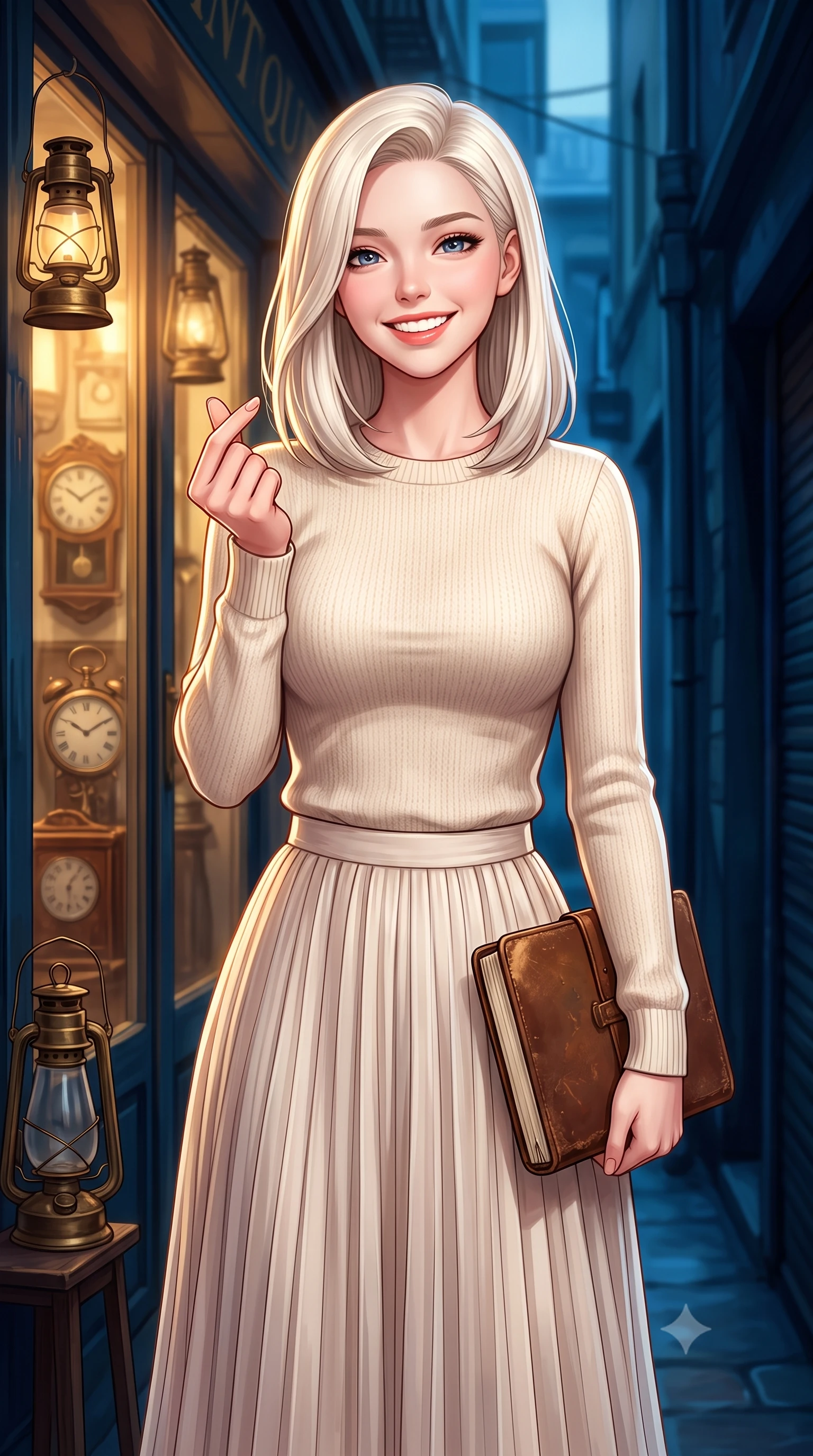 score_9, masterpiece, best quality, ultra-detailed, high-budget anime keyframe, editorial fashion photography, tasteful artistic composition, Caucasian woman. close-up cowboy shot from the waist and thighs up, the character dominates the composition, filling the frame with her large presence, background elements kept in soft focus. flashing a bright, sunny grin, holding her fingers in a cute small heart shape set against a soft-focus background of outside a small antique shop displaying old brass lanterns and clocks holding a classic leather notebook bought from the stationery shop. She has an exceptionally elegant, slender, and willowy female figure with an ultra-slim waist, a gracefully sculpted slender torso, and a refined silhouette. sharp v-shaped jawline, high-bridge nose, intricate jewel-like eyes with depth, thick eyelashes, glossy lips with a natural sheen. wearing form-contouring cozy knit sweater in cream, paired with a flowy pleated midi skirt. warm glow from the shop windows clashing with the cool blue alley shadows. highly saturated vibrant anime colors, detailed shading with soft gradients, rich glossy textures, high-contrast stereoscopic depth, volumetric dynamic lighting, master piece, 9:16 ratio