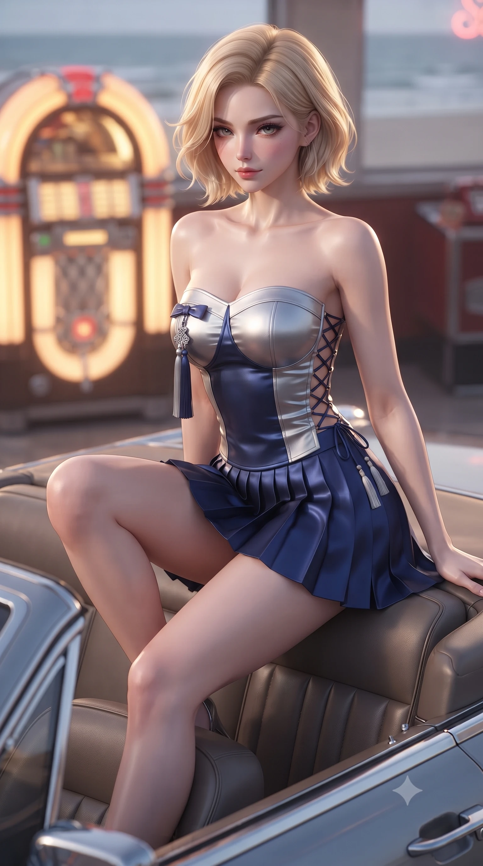 score_9, masterpiece, best quality, ultra-detailed, high-budget anime keyframe, editorial fashion photography, tasteful artistic composition, Caucasian woman. close-up cowboy shot from the waist and thighs up, the character dominates the composition, filling the frame with her large presence. perched sideways on the lounge seat, one knee drawn up to showcase her slender leg line while her arched back accentuates her feminine hip curve while lounging across the leather back seat of the convertible with legs crossed, looking over the windshield with smoldering bedroom-eyes. The background shows a soft-focus glowing chrome diner jukebox softened in breezy beachside highway shallow focus. She has an exceptionally elegant, slender, and willowy female figure with an ultra-slim waist, flat toned midriff, narrow ribcage, and sculpted feminine hips creating an alluring, slim hourglass silhouette without bulk. sharp v-shaped jawline, high-bridge nose, sparkling eyes with hypnotic seductive depth, thick curled eyelashes, glossy parted lips with a natural dewy peach sheen, alluring bedroom-eyes with an enchanting coquettish smile, exuding magnetic siren charisma and sophisticated glamour, flawlessly proportioned anatomical accuracy, strict slender model proportions, natural body alignment, perfectly sculpted long slender limbs, ultra-slim waistline, clean dynamic posture without body distortion. wearing a modern strapless boned hanbok bustier with traditional norigae tassel accents paired with a micro-pleated silk mini skirt in metallic liquid silver and deep sapphire navy, crafted from fluid liquid silk satin that clings smoothly to every curve with a dewy sheen, featuring fine criss-cross lace-up side ties revealing tantalizing glimpses of her hip curve, the glove-like clinging cut tightly following the natural contour of her hips and long slender legs with youthful 8.5-heads elegance. illuminated by car hood specular bounce and sharp warm-gold rim lights sculpting her jawline, flat midriff, and voluptuous hip curves. ultra-reflective glossy finish, specular highlights, rich textural contrasts, high-contrast stereoscopic depth, volumetric dynamic lighting, 2k, ultra detail, master piece, 9:16 ratio