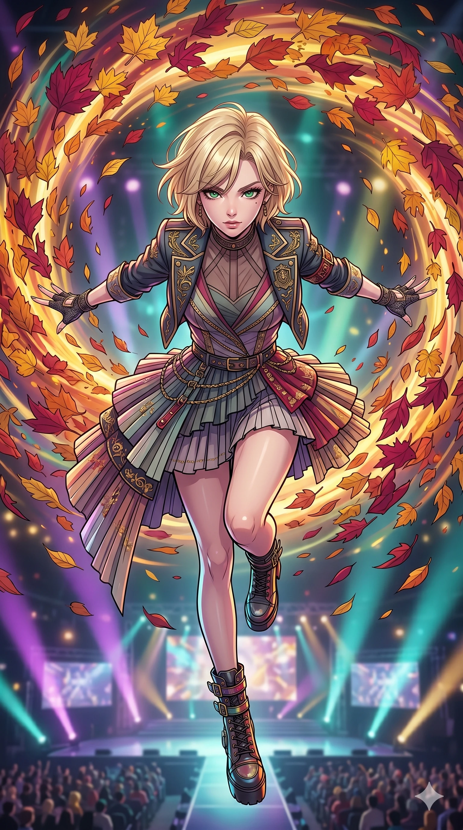 score_9, masterpiece, best quality, ultra-detailed, high-budget anime movie keyframe, cinematic anime lighting, intricate line art, Japanese woman. Extreme high angle shot as she leaps towards the camera, filling the frame. commanding a vortex of swirling autumn leaves to protect her. She has an graceful and slender female figure with elegant proportions. strictly human anatomy, two legs only, no extra limbs, clearly defined legs and arms, well-defined anatomy, perfect hands and fingers. sharp v-shaped jawline, high-bridge nose, intricate jewel-like eyes, thick eyelashes, glossy lips. Wearing K-Idol Stage: Dazzling K-Idol stage outfit with stylish layers, decorative accents, and high-fashion boots. The scene is illuminated by dramatic atmospheric lighting and vibrant color palettes. , 2k, ultra detail, master piece, 9:16 ratio