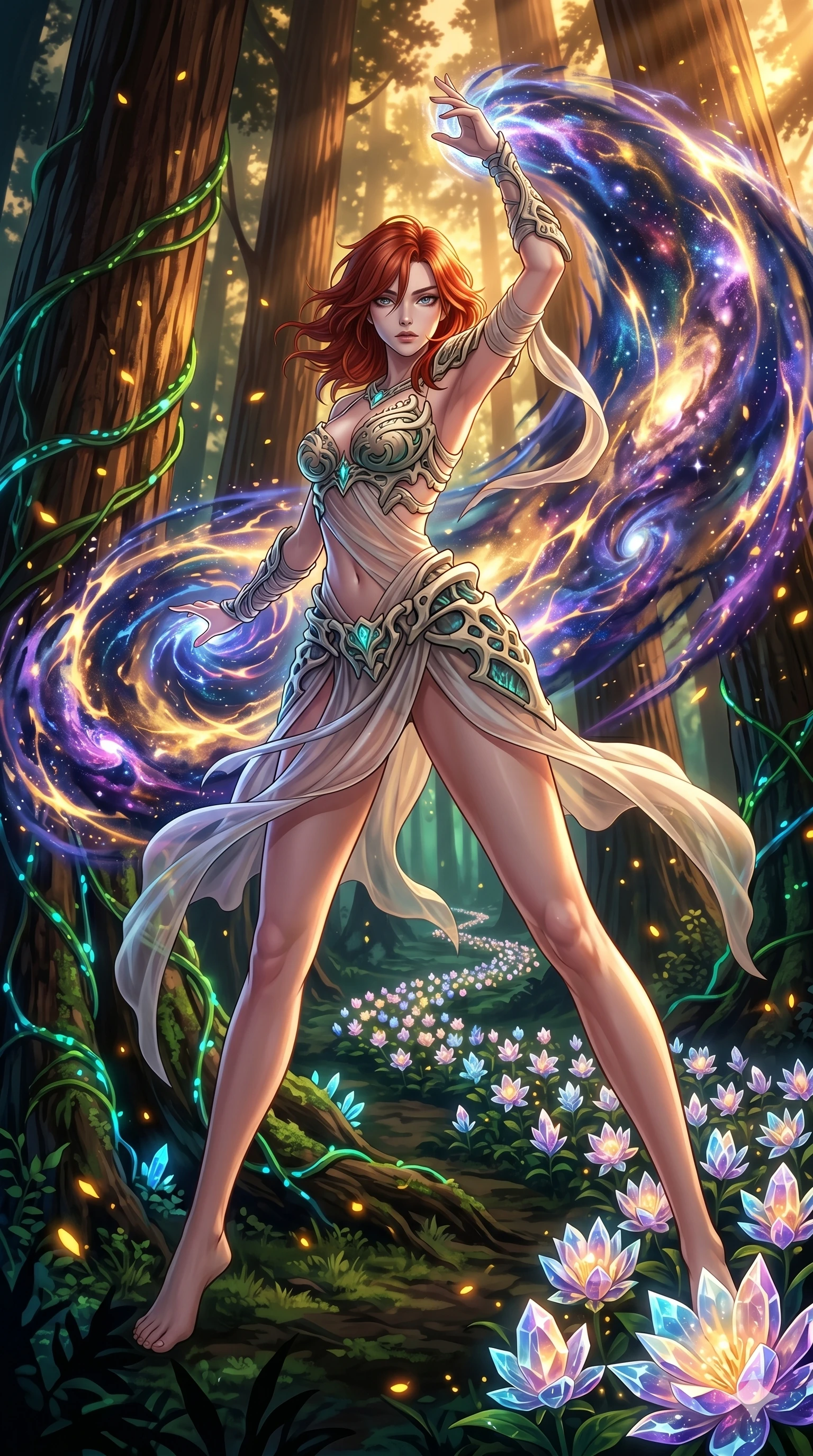 score_9, masterpiece, best quality, ultra-detailed, Set A: High-budget Anime Keyframe, Korean woman. Low angle cowboy shot filling the entire 9:16 frame with her statuesque presence. Theme: Abstract Cosmic. unleashing a massive energy wave in a giant redwood forest with glowing vines, while she leaves a trail of 156 blooming crystal flowers. The atmosphere is filled with golden hour with floating embers. She has an absolutely perfect 8-heads proportion, an exceptionally tall and slender female figure with impossibly long slender legs and an ultra-slim waist. Sharp v-shaped jawline, high-bridge nose, intricate jewel-like eyes with depth, glossy lips. Wearing Primal jungle-warrior outfit with bioluminescent bone-armor and sheer silk wraps. Cinematic lighting, vivid colors, dramatic shadows, 2k, ultra detail, master piece, 9:16 ratio