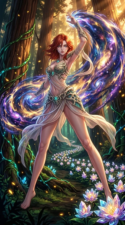 score_9, masterpiece, best quality, ultra-detailed, Set A: High-budget Anime Keyframe, Korean woman. Low angle cowboy shot filling the entire 9:16 frame with her statuesque presence. Theme: Abstract Cosmic. unleashing a massive energy wave in a giant