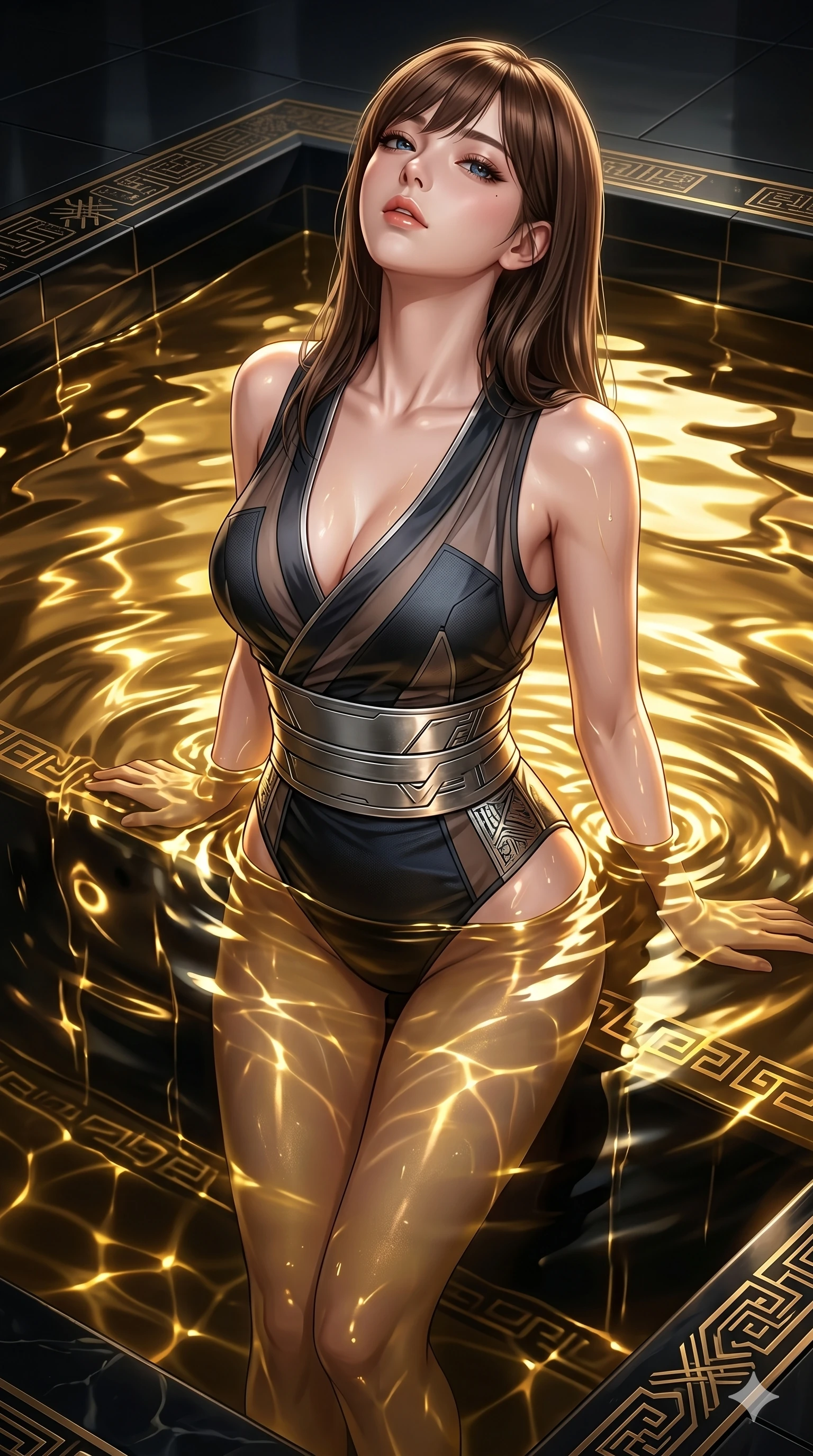 score_9, masterpiece, best quality, ultra-detailed, high-budget anime keyframe, Korean woman. Upper body close-up from the thighs up, character filling the screen for maximum presence. She is partially submerged in a high-tech obsidian pool filled with glowing liquid gold. She tilts her head back with a sensual expression, exposing her throat and shoulders to the camera. She has an absolutely perfect 8-heads proportion, an exceptionally tall and slender female figure with impossibly long slender legs and an ultra-slim waist. V-shaped jawline, high-bridge nose, intricate jewel-like eyes with depth, thick eyelashes, glossy lips with a natural sheen. She is wearing a shortened cyber-fusion wrap top with transparent chiffon panels, a deep crossover neckline, and a high-waisted metallic sash that accentuates her ultra-slim waist. The scene is lit by shimmering gold reflections from the liquid pool and bright studio key lights. 2k, ultra detail, master piece, 9:16 ratio