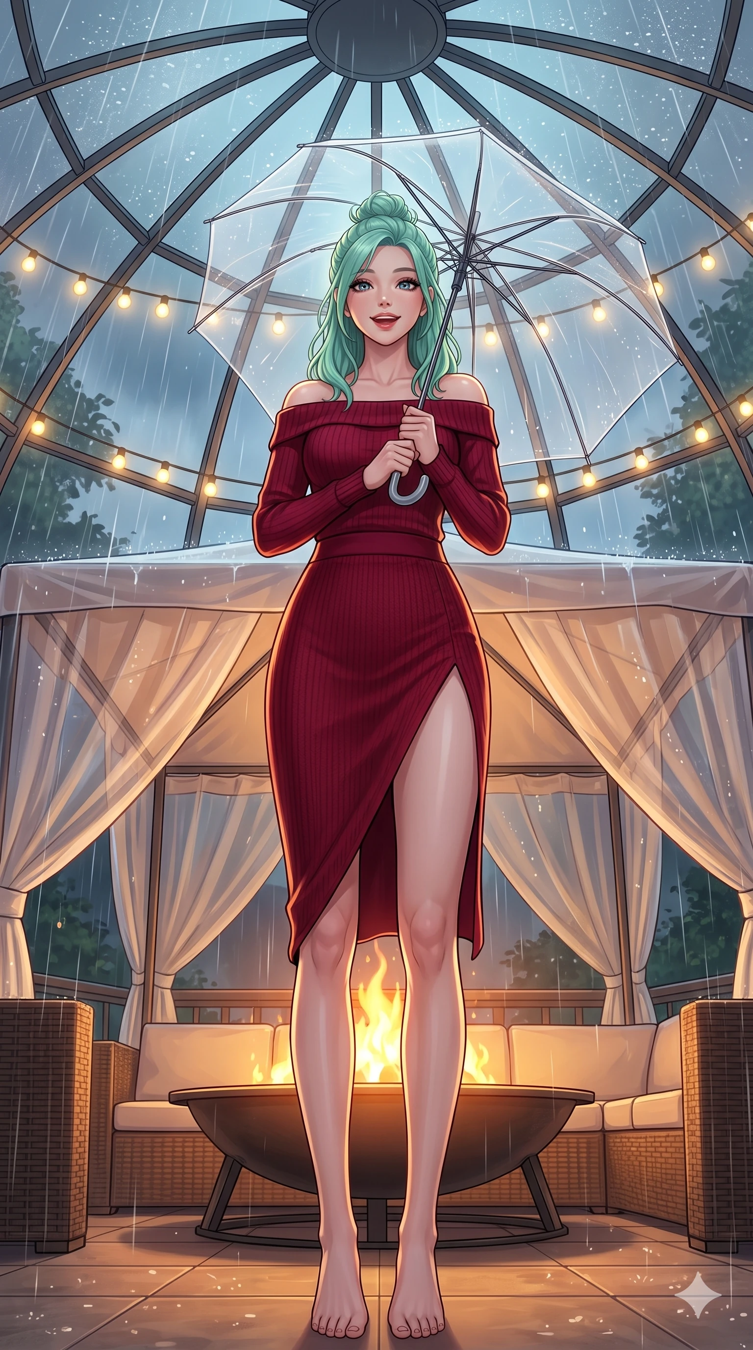 score_9, masterpiece, best quality, ultra-detailed, high-budget anime keyframe, vibrant anime aesthetic, Japanese woman. low angle full-body shot from head to toe showing her feet, filling the entire 9:16 vertical frame with her statuesque presence, stretching her vertical silhouette. She is holding a clear umbrella, looking up with a bright, joyful expression, gazing warmly at the viewer under the glass conservatory dome. on a private terrace with a warm outdoor fire pit, under a translucent canopy during a cool rain shower (Code-P22-047). She has an absolutely perfect 8-heads proportion, an exceptionally tall and slender female figure with impossibly long slender legs and an ultra-slim waist. V-shaped jawline, high-bridge nose, intricate jewel-like eyes with depth, thick eyelashes, glossy lips with a natural sheen. wearing an off-shoulder long-sleeve shirt and a high-slit knit skirt in deep crimson. She is lit by warm, glowing fairy lights strung across the glass conservatory roof, casting clean highlights that trace her slim waist in the cozy indoor garden. 2k, ultra detail, master piece, 9:16 ratio