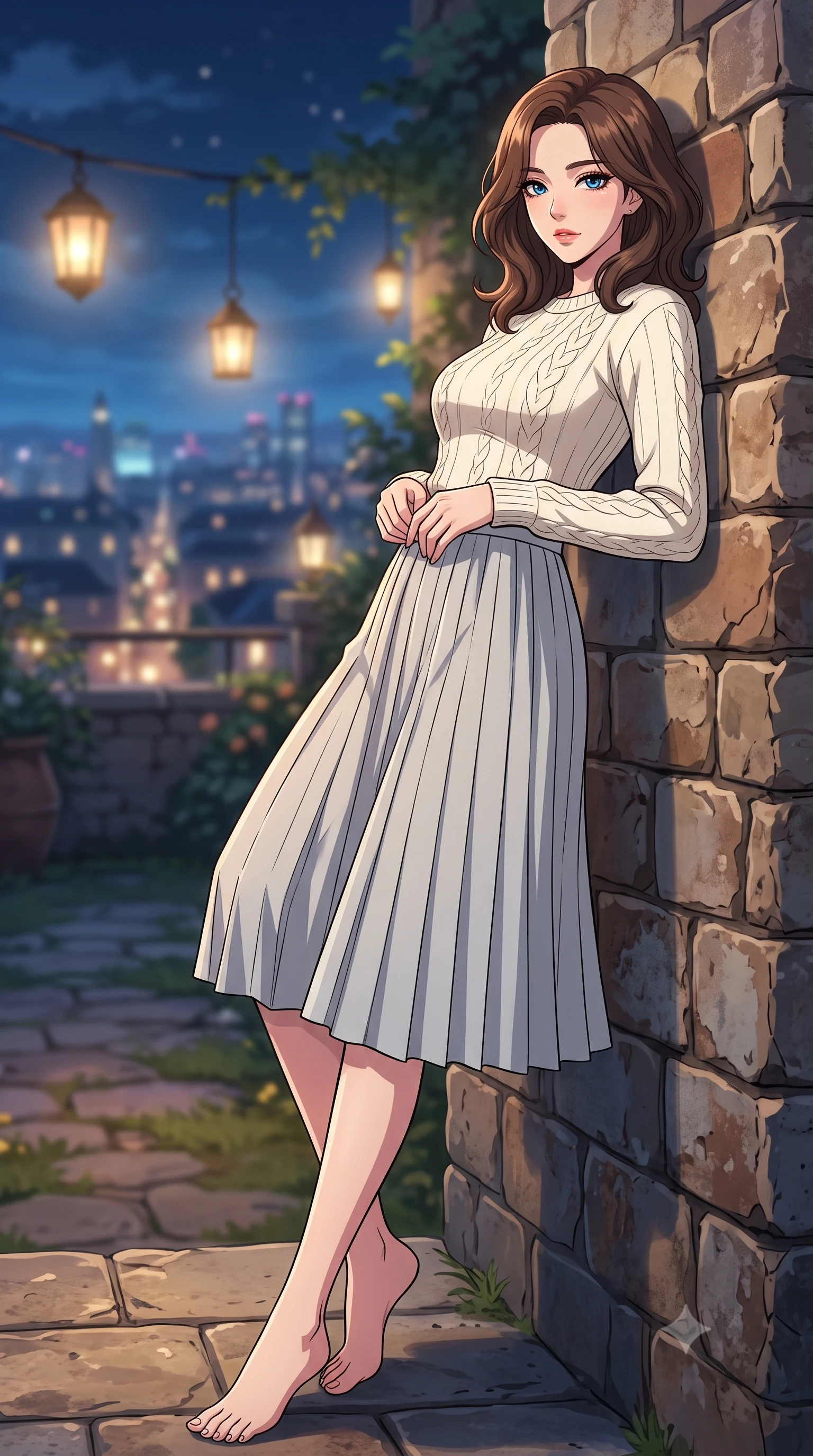 score_9, masterpiece, best quality, ultra-detailed, high-budget anime keyframe, tasteful artistic composition, Korean woman. low angle full-body shot from head to toe showing her feet, filling the entire 9:16 vertical frame with her statuesque presence, stretching her vertical silhouette. leaning back against a rustic stone wall, casting a slow, alluring gaze at the camera the background shows a soft-focus a secluded rooftop garden veranda at a historic estate overlooking city lights. She has an absolutely perfect, statuesque 8.5-heads proportion, an exceptionally tall and slender model-like female figure with impossibly long slender legs and an ultra-slim waist. sharp v-shaped jawline, high-bridge nose, intricate jewel-like eyes with depth, thick eyelashes, glossy lips with a natural sheen. wearing a tailored cozy cable-knit sweater in ivory, paired with a pleated light grey midi skirt. soft ambient city glow contrasting with the warm light of hanging lanterns. highly saturated vibrant anime colors, cel-shading, 2d style, master piece, 9:16 ratio