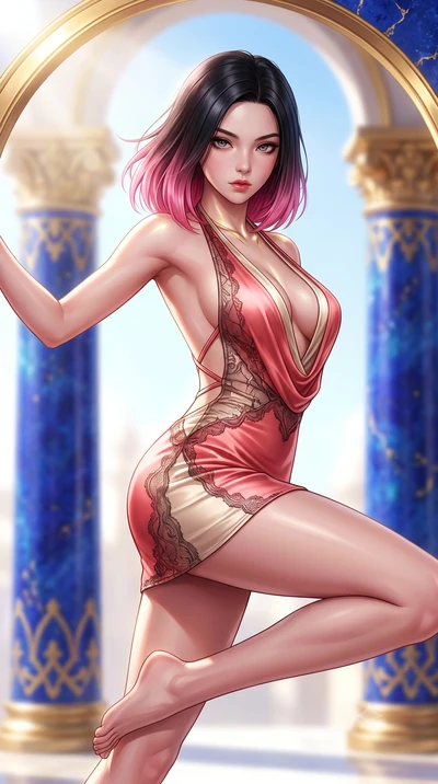 score_9, masterpiece, best quality, ultra-detailed, high-budget anime keyframe, semi-realistic 3D game render, editorial fashion photography, tasteful artistic composition, Korean woman. close-up cowboy shot from the waist and thighs up, the characte