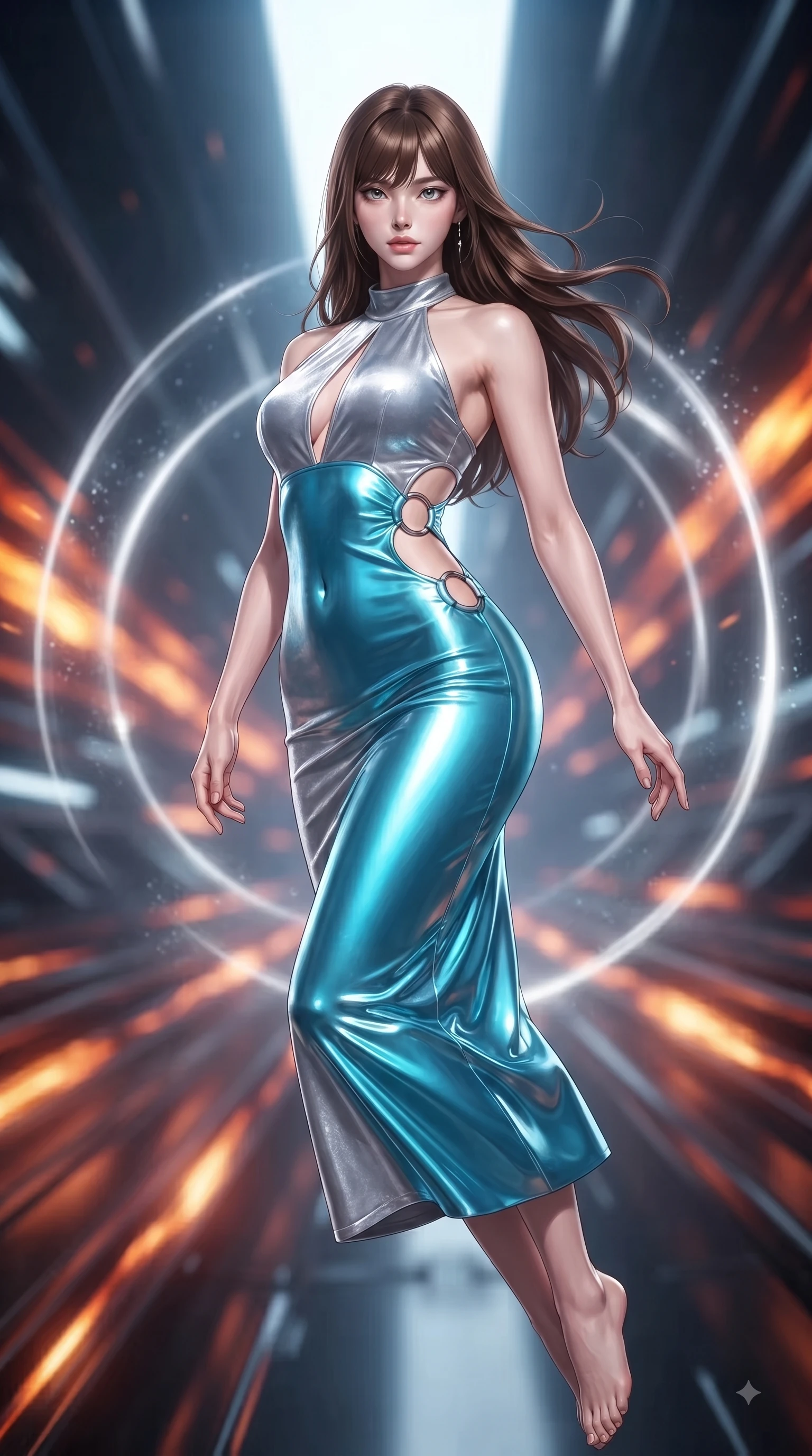 score_9, masterpiece, best quality, ultra-detailed, high-budget anime keyframe, editorial fashion photography, tasteful artistic composition, Korean woman. low angle full-body shot from head to toe showing her feet, filling the entire 9:16 vertical frame with her statuesque presence, stretching her vertical silhouette. performing an alluring mid-air vault with flawless poise, looking directly into the camera with smoldering intensity while arching her body in zero-gravity as rings of magnetic particle acceleration illuminate her silhouette. The composition keeps background elements in soft focus with creamy bokeh. molten energy streams blurring smoothly into a high-energy futuristic backdrop. She has an absolutely perfect, statuesque 8.5-heads proportion, an exceptionally tall and slender model-like female figure with impossibly long slender legs and an ultra-slim waist. sharp v-shaped jawline, high-bridge nose, intricate jewel-like eyes with depth, thick eyelashes, glossy lips with a natural sheen, flawlessly proportioned anatomical accuracy, natural body alignment, perfectly sculpted elegant limbs, clean dynamic posture without body distortion. wearing a velvet halter-neck midi dress fitting her statuesque contour flawlessly with a Tasteful chest slit and open spine in liquid mercury silver and glowing electric cyan, made of liquid metal jersey that clings flawlessly to every contour of her build, detailed with polished silver rings connecting the daring side-waist cutouts, the glove-like fit tightly following every curve of her statuesque athletic build. surrounded by a supercharged, high-voltage, and breathtakingly bold sensual aura. ultra-reflective glossy finish, specular highlights, metallic sheen, high-contrast stereoscopic depth, volumetric dynamic lighting, 2k, ultra detail, master piece, 9:16 ratio