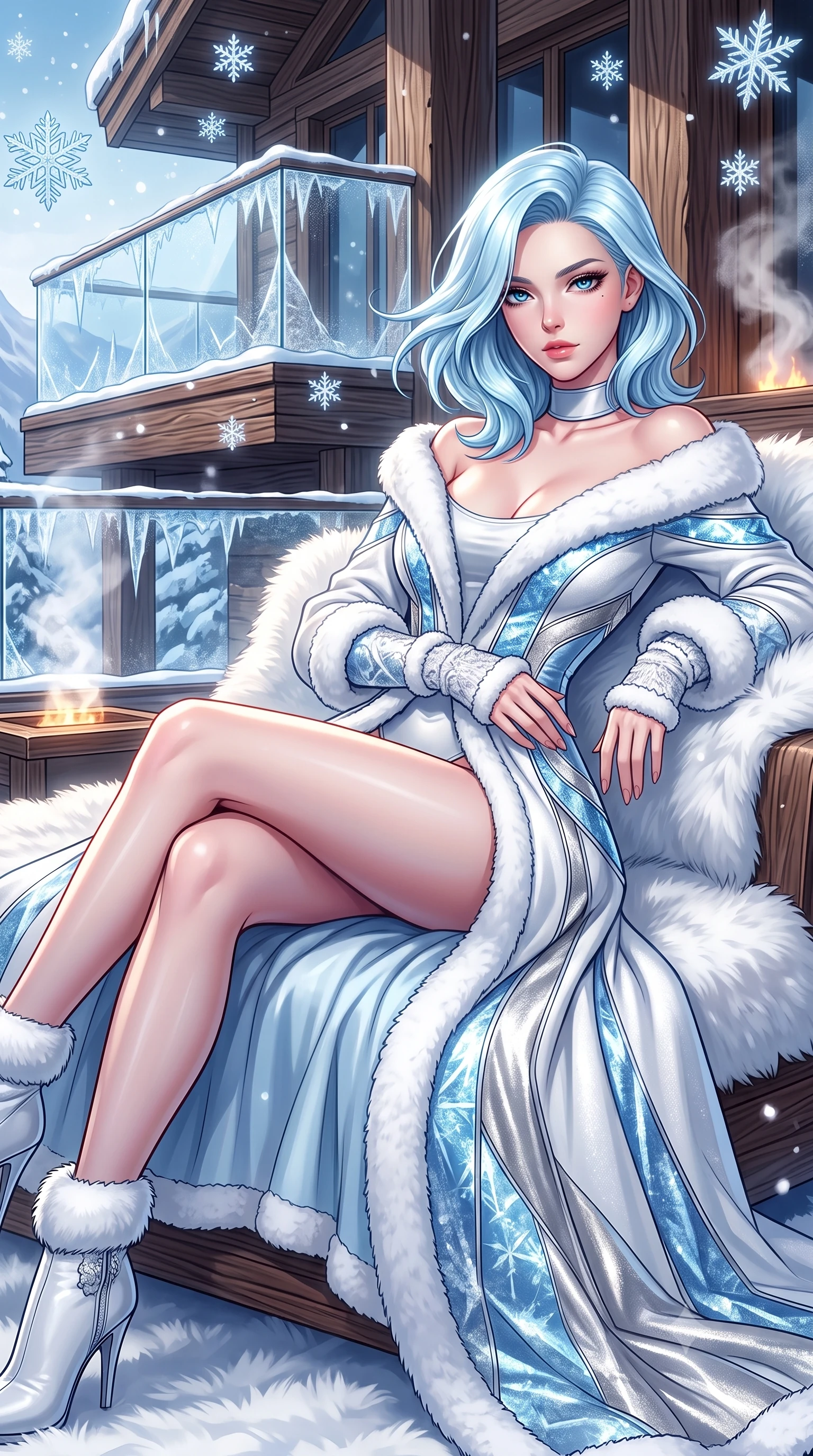 score_9, masterpiece, best quality, ultra-detailed, high-budget anime keyframe, semi-realistic 3D game render, editorial fashion photography, tasteful artistic composition, Korean woman. close-up cowboy shot from the waist and thighs up, the character dominates the composition, filling the frame with her large presence. leaning back with relaxed seductive grace, her sculpted collarbones highlighted by light, casting smoldering bedroom-eyes directly into the lens while reclining on an outdoor snow-view fur lounge daybed as steam rises, stretching her long slender legs in seductive comfort. The surrounding environment is rendered in vivid detail and crisp panoramic clarity. sharp ice crystal textures on glass balustrades, timber wood grain, and falling snowflake geometry in deep focus. She has an exceptionally elegant, slender, and willowy female figure with an ultra-slim waist, a gracefully sculpted slender torso, toned flat midriff, and a refined slim silhouette. sharp v-shaped jawline, high-bridge nose, intricate jewel-like eyes with depth, thick eyelashes, glossy parted lips with a natural sheen, intensely captivating and seductive expression, flawlessly proportioned anatomical accuracy, strict slender model proportions, natural body alignment, perfectly sculpted long slender limbs, ultra-slim waistline, clean dynamic posture without body distortion. wearing a luxurious satin thermal leotard layered under a sweeping floor-length white shearling coat in ice crystal blue and brushed platinum, crafted from shimmering metallic lamé reflecting frost like crushed ice, complemented by plush shearling wrist warmers and stiletto snow boots, the sweeping couture drape swaying majestically with her steps, accentuating her tall statuesque limbs and slender waistline. surrounded by a glamorous, elite, and heart-meltingly alluring winter sanctuary goddess aura. highly saturated vibrant anime colors, detailed shading with soft gradients, rich glossy textures, high-contrast stereoscopic depth, volumetric dynamic lighting, master piece, 9:16 ratio