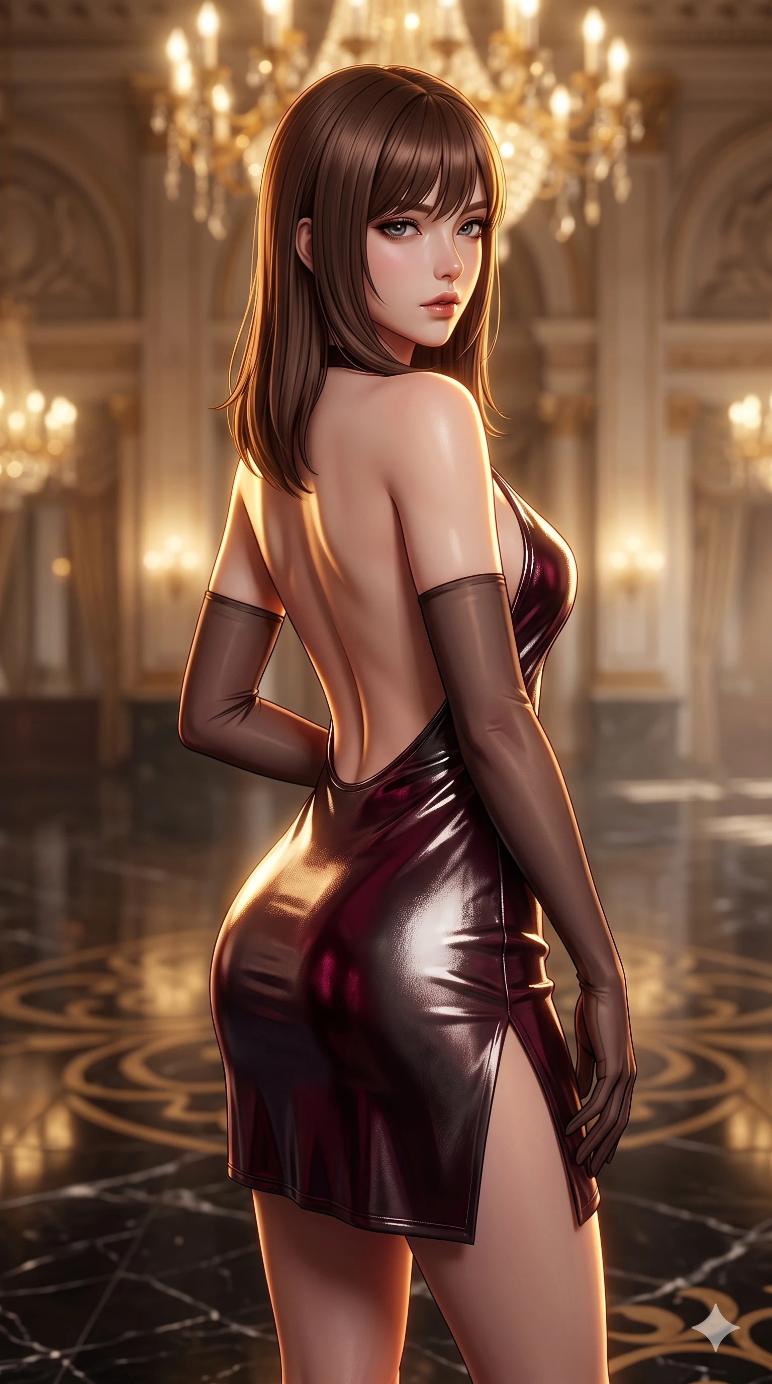 score_9, masterpiece, best quality, ultra-detailed, high-budget anime keyframe, semi-realistic 3D game render, editorial fashion photography, tasteful artistic composition, Korean woman. close-up cowboy shot from the waist and thighs up, the character dominates the composition, filling the frame with her large presence. twisting her slender torso in a deep contrapposto stance, hips dramatically shifted to accentuate her feminine curves while looking past her shoulder with smoldering bedroom-eyes while twisting her slender torso in an alluring contrapposto stance, intricate brass shadow patterns and golden chandeliers tracing her narrow waist and curvy hips. The background shows a soft-focus grand ballroom champagne haze softened in historic Bund loggia shallow focus. She has an exceptionally elegant, slender, and willowy female figure with an ultra-slim waist, flat toned midriff, narrow ribcage, and sculpted feminine hips creating an alluring, slim hourglass silhouette without bulk. sharp v-shaped jawline, high-bridge nose, intricate jewel-like sparkling eyes with depth, thick eyelashes, glossy parted lips with a natural sheen, intensely captivating and seductive bedroom-eyes expression, exuding both youthful cute charm and sovereign luxury allure, flawlessly proportioned anatomical accuracy, strict slender model proportions, natural body alignment, perfectly sculpted long slender limbs, ultra-slim waistline, clean dynamic posture without body distortion. wearing an alluring backless metallic lamé halterneck mini dress with deep scoop back down to her lower spine and thigh-high slit in deep wine burgundy and brushed dark platinum, tailored from high-gloss patent leather with mirror-like specular highlights, complemented by sheer opera-length evening gloves tracing her slender arms, the form-contouring cut accentuating her sculpted flat midriff, narrow delicate ribcage, and gracefully curvy hips with intoxicating allure. illuminated by black marble floor reflections and sharp gold-amber rim lights sculpting her razor-sharp jawline, narrow waist, and curvy hips. highly saturated vibrant anime colors, detailed shading with soft gradients, rich glossy textures, high-contrast stereoscopic depth, volumetric dynamic lighting, master piece, 9:16 ratio