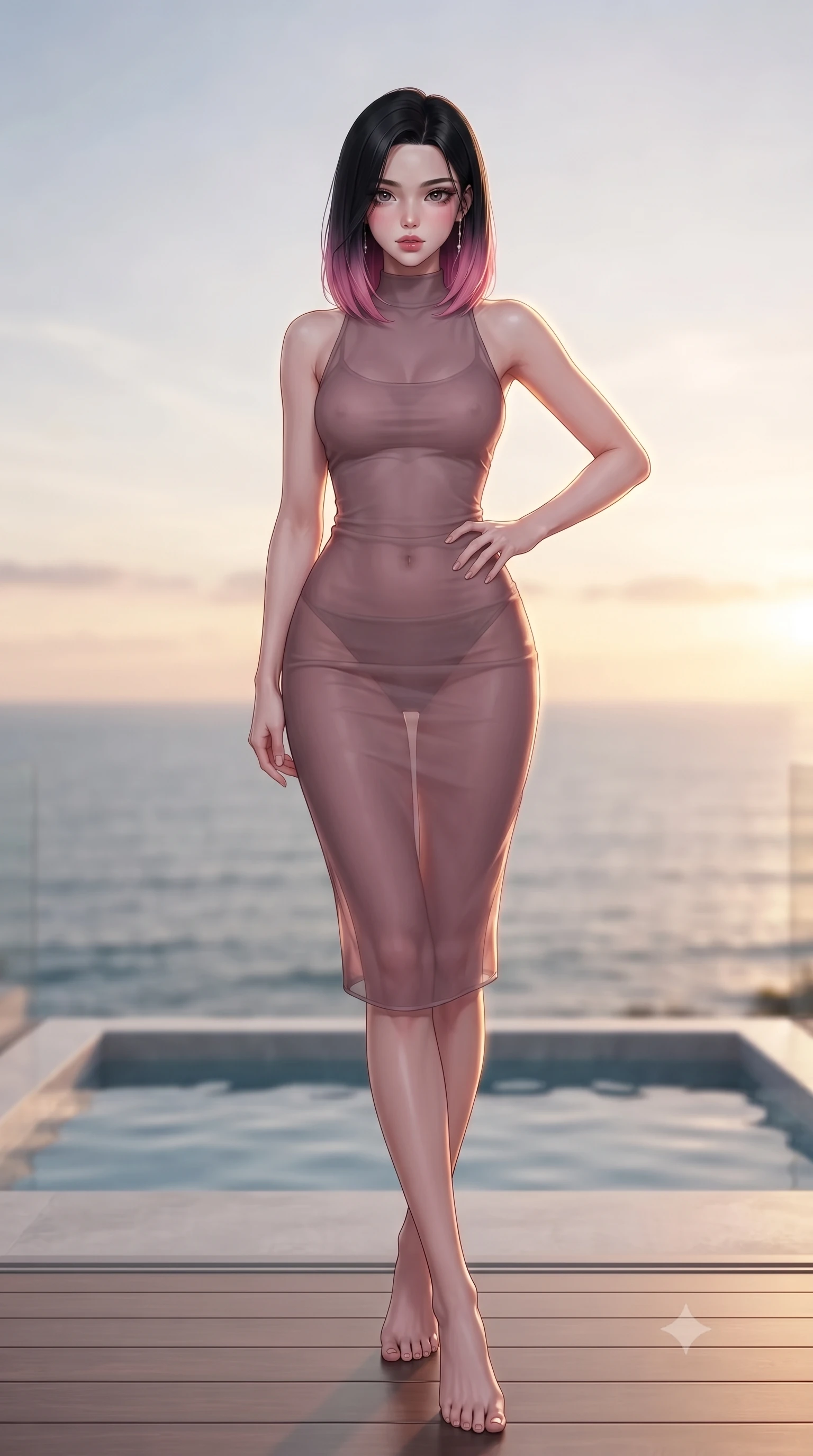 score_9, masterpiece, best quality, ultra-detailed, high-budget anime keyframe, editorial fashion photography, tasteful artistic composition, Korean woman woman. low angle full-body shot from head to toe showing her feet, filling the entire 9:16 vertical frame with her statuesque presence, stretching her vertical silhouette. posing confidently with one hand on her hip, stretching her statuesque body to emphasize her curves the background shows a soft-focus a private splash pool on the balcony of a beach villa, looking at ocean horizon. She has an absolutely perfect, statuesque 8.5-heads proportion, an exceptionally tall and slender model-like female figure with impossibly long slender legs and an ultra-slim waist. sharp v-shaped jawline, high-bridge nose, intricate jewel-like eyes with depth, thick eyelashes, glossy lips with a natural sheen. wearing a body-hugging sheer organza dress in dusty mauve, showing her slender torso and willowy silhouette. brilliant golden hour sunset tracing her silhouette with a soft glowing rim light. ultra-reflective glossy finish, specular highlights, metallic sheen, high-contrast stereoscopic depth, volumetric dynamic lighting, 2k, ultra detail, master piece, 9:16 ratio