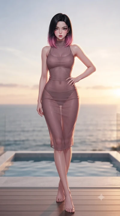 score_9, masterpiece, best quality, ultra-detailed, high-budget anime keyframe, editorial fashion photography, tasteful artistic composition, Korean woman woman. low angle full-body shot from head to toe showing her feet, filling the entire 9:16 vert