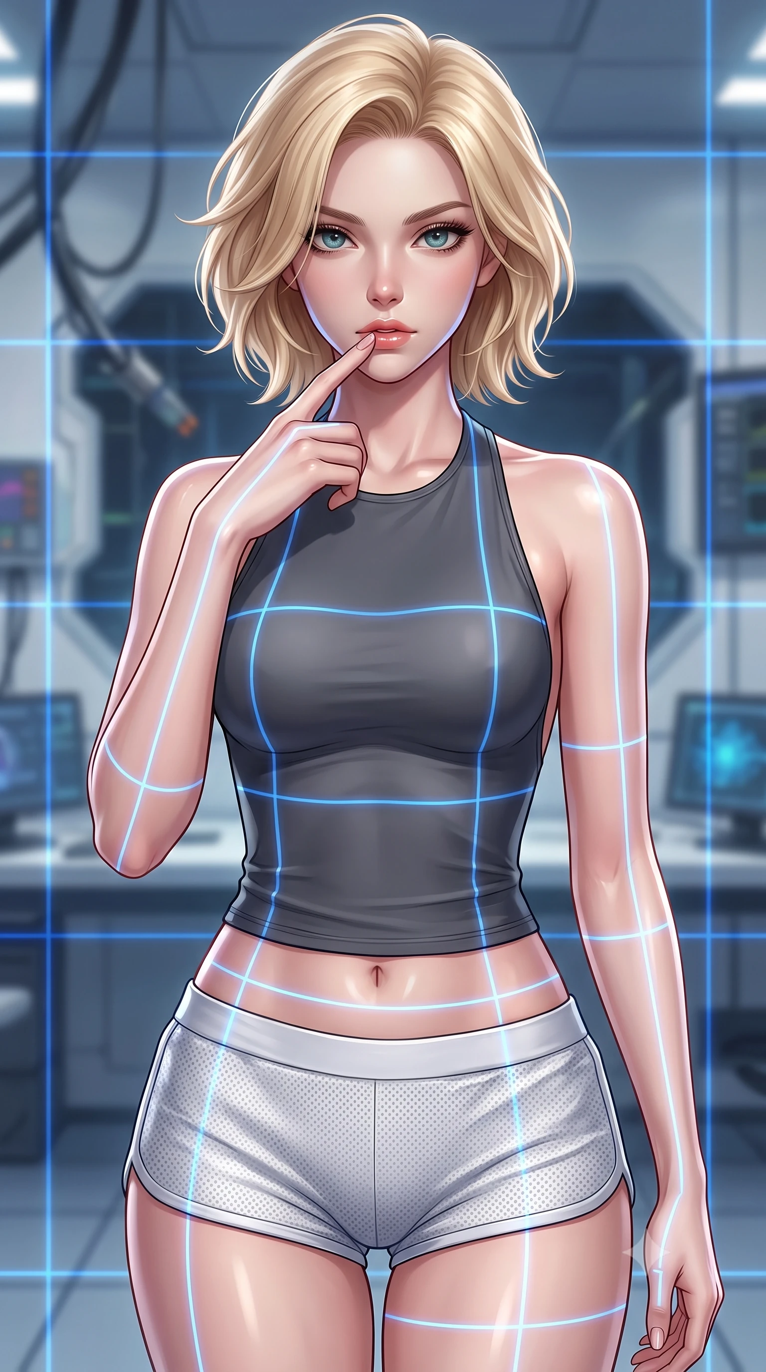 score_9, masterpiece, best quality, ultra-detailed, high-budget anime keyframe, editorial fashion photography, tasteful artistic composition, Caucasian woman. close-up cowboy shot from the waist and thighs up, the character dominates the composition, filling the frame with her large presence, background elements kept in soft focus. pressing one finger to her bottom lip in a thoughtful, composed gesture, locking eyes with the viewer, the background shows a soft-focus a quantum core calibration bay inside a laboratory with laser grids. She has an exceptionally elegant, slender, and willowy female figure with an ultra-slim waist, a gracefully sculpted slender torso, and a refined silhouette. sharp v-shaped jawline, high-bridge nose, intricate jewel-like eyes with depth, thick eyelashes, glossy lips with a natural sheen. wearing a form-contouring backless combat halter top in charcoal grey, paired with white carbon-mesh micro-shorts. focused blue laser lines tracing her form with precision, casting gridlines. highly saturated vibrant anime colors, detailed shading with soft gradients, rich glossy textures, high-contrast stereoscopic depth, volumetric dynamic lighting, master piece, 9:16 ratio