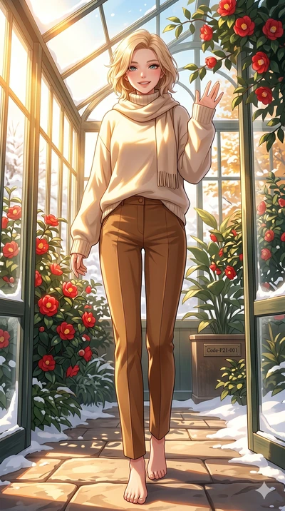 score_9, masterpiece, best quality, ultra-detailed, high-budget anime keyframe, vibrant anime aesthetic, Caucasian woman, strictly human ears. low angle full-body shot from head to toe showing her feet, filling the entire 9:16 vertical frame with her