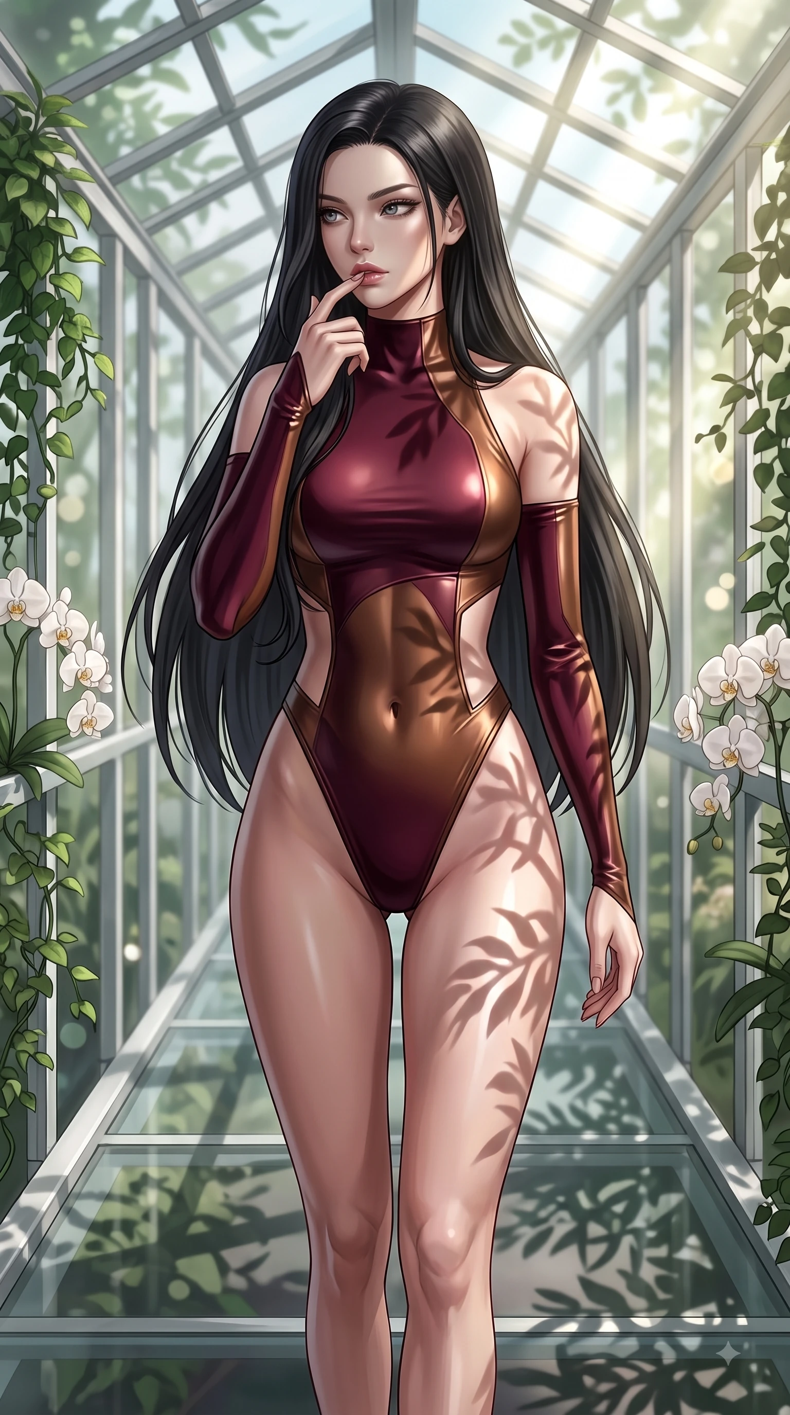 score_9, masterpiece, best quality, ultra-detailed, high-budget anime keyframe, editorial fashion photography, tasteful artistic composition, Korean woman. close-up cowboy shot from the waist and thighs up, the character dominates the composition, filling the frame with her large presence, background elements kept in soft focus. Resting two fingers near her glossy lips, casting a sharp mysterious side-gaze during her dynamic motion while walking along a platinum-framed glass walkway flanked by lush green vines and white orchids, intense volumetric sunbeams filtering through the glass ceiling, creating stencil shadows. She has an exceptionally elegant, slender, and willowy female figure with an ultra-slim waist, a gracefully sculpted slender torso, and a refined silhouette. sharp v-shaped jawline, high-bridge nose, intricate jewel-like eyes with depth, thick eyelashes, glossy lips with a natural sheen, flawlessly proportioned anatomical accuracy, natural body alignment, perfectly sculpted elegant limbs, clean dynamic posture without body distortion. wearing an asymmetrical high-cut tech-bodysuit with detached sleeves in deep burgundy and bronze, crafted from smooth liquid silk, featuring subtle geometric cutouts that highlight her ultra-slim midriff, the form-contouring material highlighting her ultra-slim waist and long lines. illuminated by brilliant sunbeams casting organic leaf stencil shadows. ultra-reflective glossy finish, specular highlights, metallic sheen, high-contrast stereoscopic depth, volumetric dynamic lighting, 2k, ultra detail, master piece, 9:16 ratio