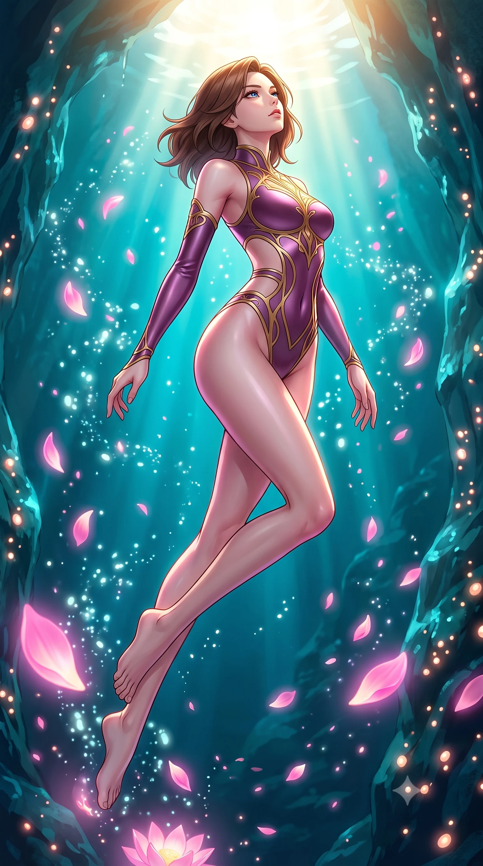 score_9, masterpiece, best quality, ultra-detailed, high-budget anime keyframe, editorial fashion photography, tasteful artistic composition, Korean woman. low angle full-body shot from head to toe showing her feet, filling the entire 9:16 vertical frame with her statuesque presence, stretching her vertical silhouette. pivoting dynamically in zero-gravity with fluid body alignment, displaying her perfect model proportions while swimming gracefully upward toward sunbeams penetrating a deep turquoise water cavern, glowing pink lotus petals scattering soft bioluminescent spores around her silhouette. She has an absolutely perfect, statuesque 8.5-heads proportion, an exceptionally tall and slender model-like female figure with impossibly long slender legs and an ultra-slim waist. sharp v-shaped jawline, high-bridge nose, intricate jewel-like eyes with depth, thick eyelashes, glossy lips with a natural sheen, flawlessly proportioned anatomical accuracy, natural body alignment, perfectly sculpted elegant limbs, clean dynamic posture without body distortion. wearing an asymmetrical high-cut tech-bodysuit with detached sleeves in plum purple and gold filigree, crafted from lustrous satin jersey with fluid draping, featuring clean architectural cutouts along her slender torso, the sleek second-skin texture accentuating her magnetic presence. illuminated by radiant pink bioluminescence and warm golden top lighting. highly saturated vibrant anime colors, detailed shading with soft gradients, rich glossy textures, high-contrast stereoscopic depth, volumetric dynamic lighting, master piece, 9:16 ratio