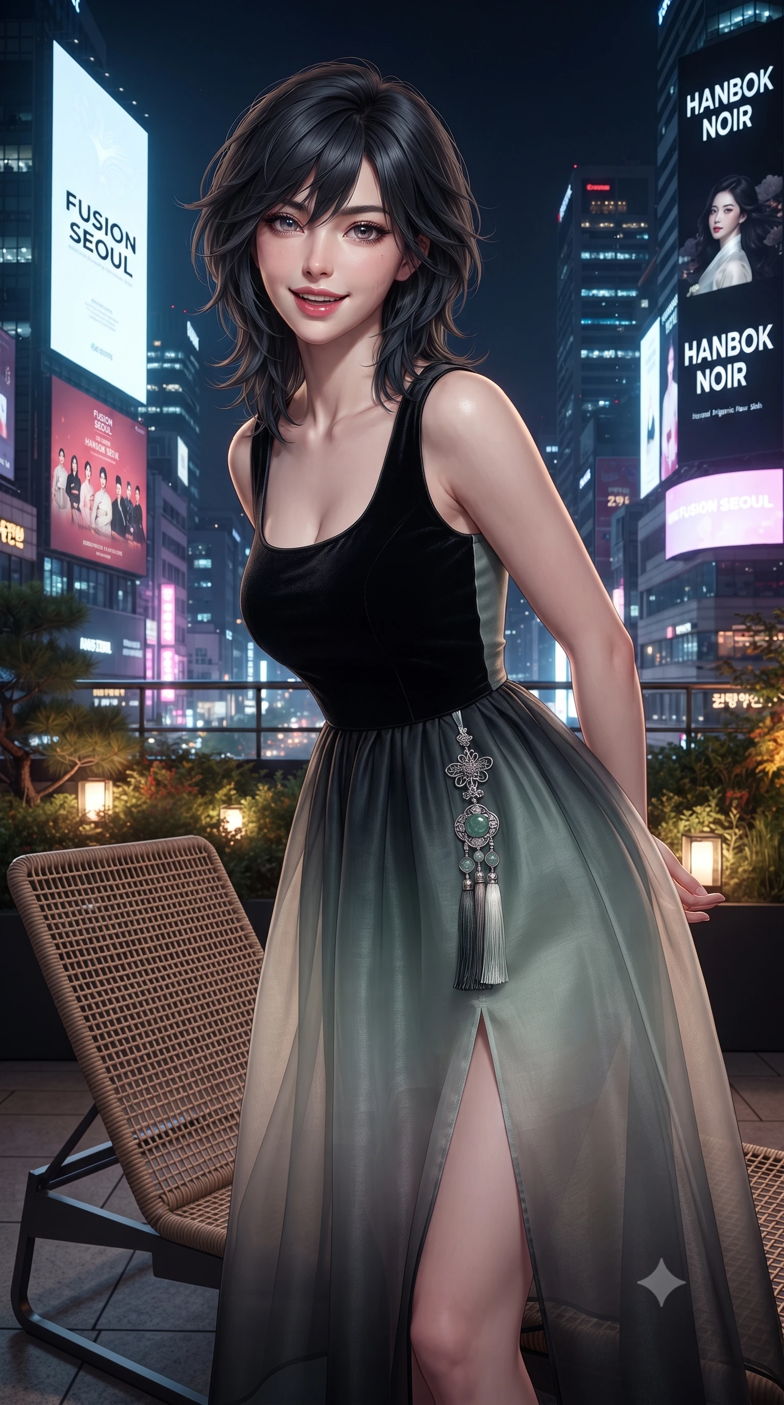 score_9, masterpiece, best quality, ultra-detailed, high-budget anime keyframe, editorial fashion photography, tasteful artistic composition, Caucasian woman. close-up cowboy shot from the waist and thighs up, the character dominates the composition, filling the frame with her large presence. resting both hands lightly behind her back while leaning toward the lens with a cheerful, teasing grin, her form-fitting fusion dress hugging her narrow waist and hip curve while lounging in a modernist low rattan lounge with legs extended, her high-slit modern fusion gown glowing under colossal skyscraper billboards. The surrounding environment is rendered in vivid detail and crisp panoramic clarity: detailed silk dress drape, neon specular reflections on skin, and dense Asian megacity architecture in high resolution. She has an exceptionally elegant, slender, and willowy female figure with an ultra-slim waist, flat toned midriff, narrow ribcage, and sculpted feminine hips creating an alluring, slim hourglass silhouette without bulk. sharp v-shaped jawline, high-bridge nose, intricate jewel-like dark sparkling almond eyes with depth, thick lashes, glossy parted lips with a natural rose-plum sheen, bright alluring and coquettish smile with bedroom-eyes, exuding both timeless oriental elegance and sovereign high-fashion allure, flawlessly proportioned anatomical accuracy, strict slender model proportions, natural body alignment, perfectly sculpted long slender limbs, ultra-slim waistline, clean dynamic posture without body distortion. wearing a modern fusion hanbok dress with a structured velvet bodice and cascading sheer ombre organza skirt with front slit in stark monochrome black and white ink contrast, tailored from smooth celadon raw silk with natural organic slub texture, finished with an ornate modern norigae tassel with polished jade and chrome charms resting on her curvy hips, the precision-cut side hip slits and low-back scoop framing her graceful spine and the sensual sweep of her slim, toned hips. illuminated by rooftop garden amber accents and sharp laser-cyan rim lighting sculpting her razor-sharp jawline, narrow waist, and curvy hips. ultra-reflective glossy finish, specular highlights, rich textural contrasts, high-contrast stereoscopic depth, volumetric dynamic lighting, 2k, ultra detail, master piece, 9:16 ratio