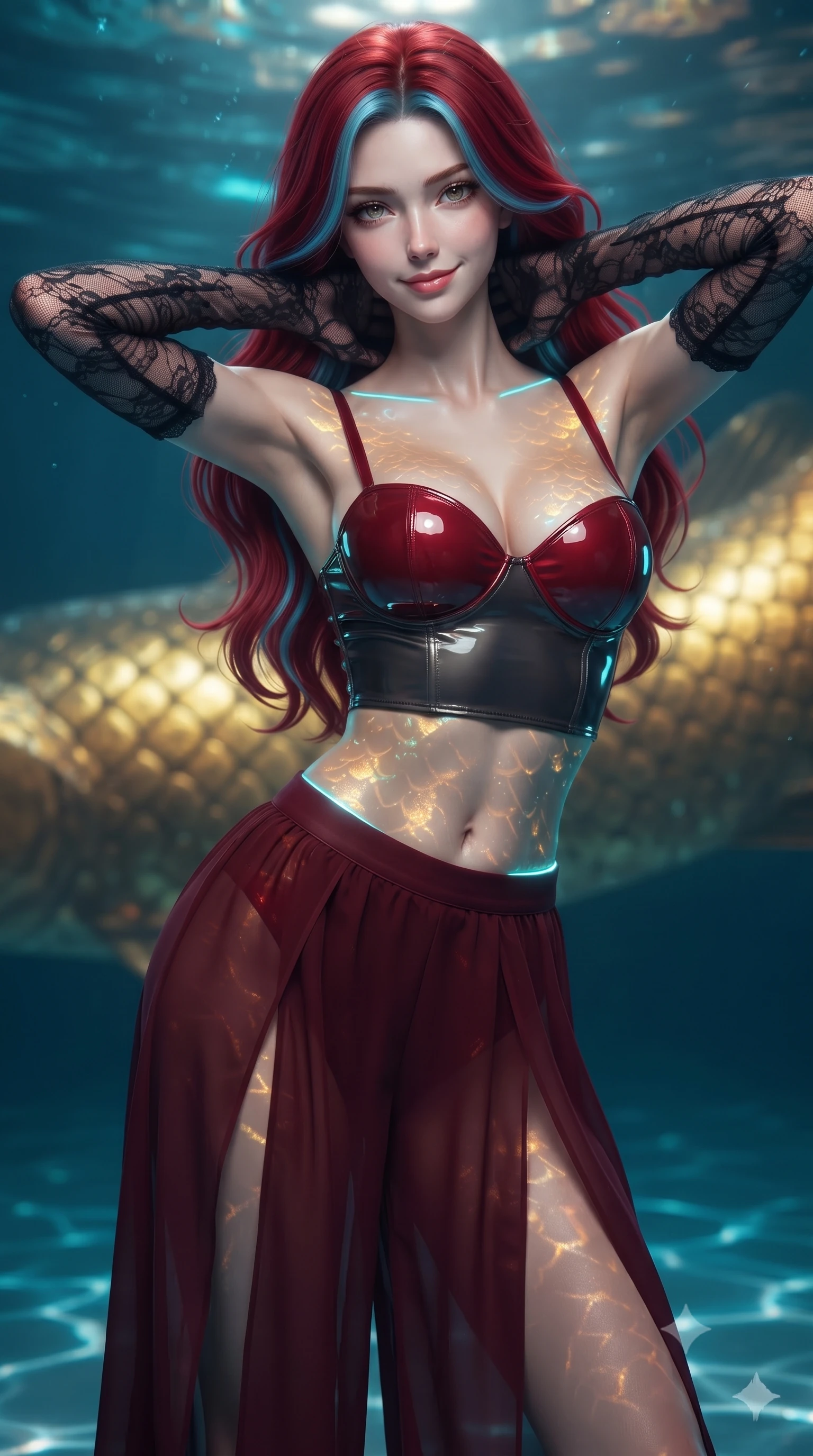 score_9, masterpiece, best quality, ultra-detailed, high-budget anime keyframe, editorial fashion photography, tasteful artistic composition, Caucasian woman. close-up cowboy shot from the waist and thighs up, the character dominates the composition, filling the frame with her large presence. resting both hands lightly behind her neck with elbows raised, arching her spine to highlight her narrow waist, flat midriff, and breathtaking collarbones while twisting her slender torso in an alluring S-curve, underwater digital screen projections painting shifting golden scales across her curves. The background shows a soft-focus digital water ripple effects softened in avant-garde sci-fi shallow focus. She has an exceptionally elegant, slender, and willowy female figure with an ultra-slim waist, flat toned midriff, narrow ribcage, and sculpted feminine hips creating an alluring, slim hourglass silhouette without bulk. sharp v-shaped jawline, high-bridge nose, sparkling eyes with hypnotic seductive depth, thick curled eyelashes, glossy parted lips with a natural dewy peach sheen, alluring bedroom-eyes with an enchanting coquettish smile, exuding magnetic siren charisma and sophisticated glamour, flawlessly proportioned anatomical accuracy, strict slender model proportions, natural body alignment, perfectly sculpted long slender limbs, ultra-slim waistline, clean dynamic posture without body distortion. wearing a wet-look form-fitting vinyl bustier paired with sheer chiffon high-slit wide-leg trousers in rich cherry lacquer and smoky charcoal, crafted from wet-look high-gloss vinyl fabric with dazzling specular surface reflections, complemented by sheer opera-length lace evening gloves tracing her slender arms, the liquid-tight tailored fabric clinging flawlessly to her narrow waist and rounded feminine hips, emphasizing every millimeter of her sculpted slim hourglass curves without any bulky heaviness. illuminated by water surface caustic reflections and sharp electric-cyan rim lights defining her delicate clavicles, narrow waist, and curvy hips. ultra-reflective glossy finish, specular highlights, rich textural contrasts, high-contrast stereoscopic depth, volumetric dynamic lighting, 2k, ultra detail, master piece, 9:16 ratio