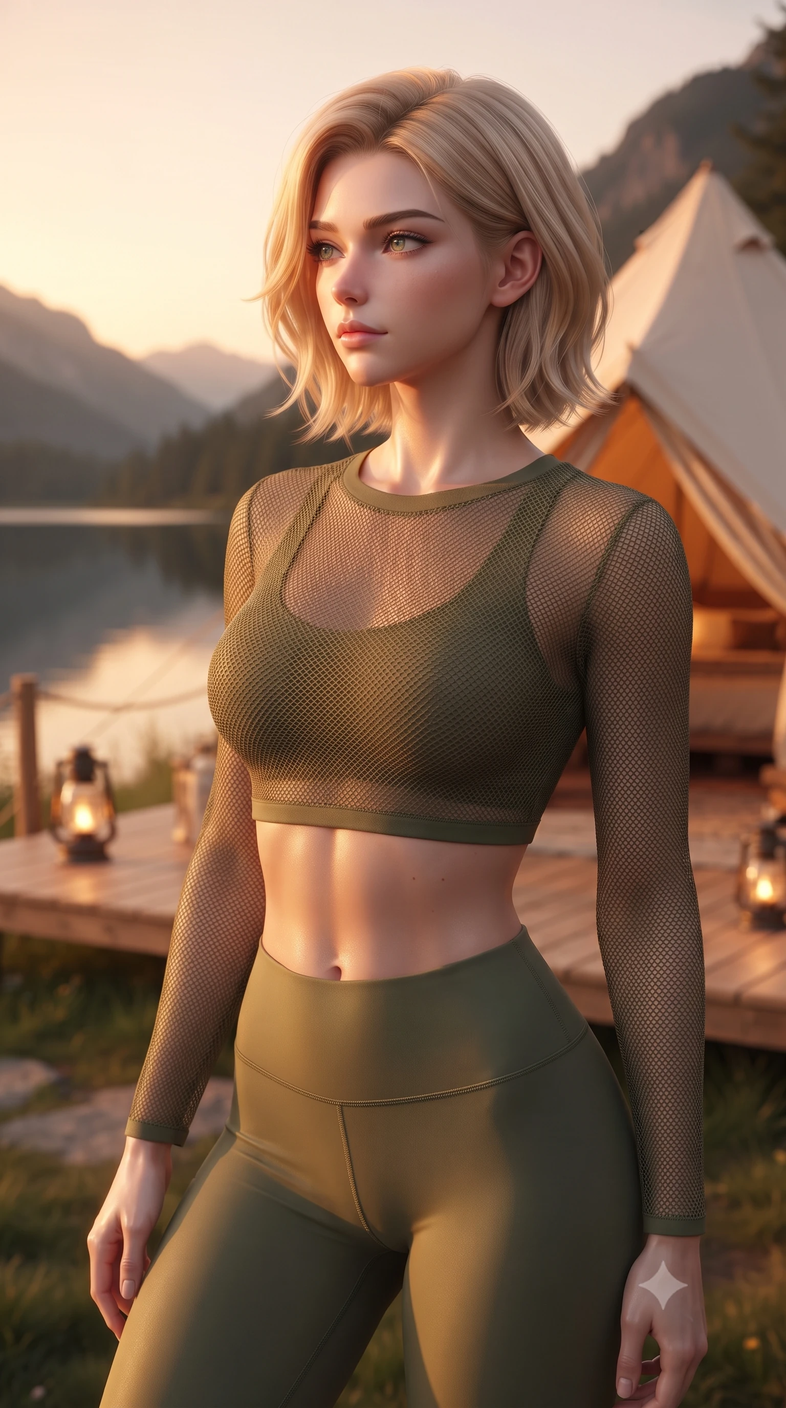 score_9, masterpiece, best quality, ultra-detailed, high-budget anime keyframe, editorial fashion photography, tasteful artistic composition, Caucasian woman woman. close-up cowboy shot from the waist and thighs up, the character dominates the composition, filling the frame with her large presence, background elements kept in soft focus. looking past the camera with a peaceful, thoughtful gaze, enjoying the warm sunlight the background shows a soft-focus a luxury glamping tent on a wooden deck by a calm lake surrounded by mountains. She has an exceptionally elegant, slender, and willowy female figure with an ultra-slim waist, a gracefully sculpted slender torso, and a refined silhouette. sharp v-shaped jawline, high-bridge nose, intricate jewel-like eyes with depth, thick eyelashes, glossy lips with a natural sheen. wearing a form-contouring sheer mesh long-sleeve crop top in olive green, worn over a matching sports bra and leggings. warm lantern light mixing with the orange sunset glow of the sky. ultra-reflective glossy finish, specular highlights, metallic sheen, high-contrast stereoscopic depth, volumetric dynamic lighting, 2k, ultra detail, master piece, 9:16 ratio