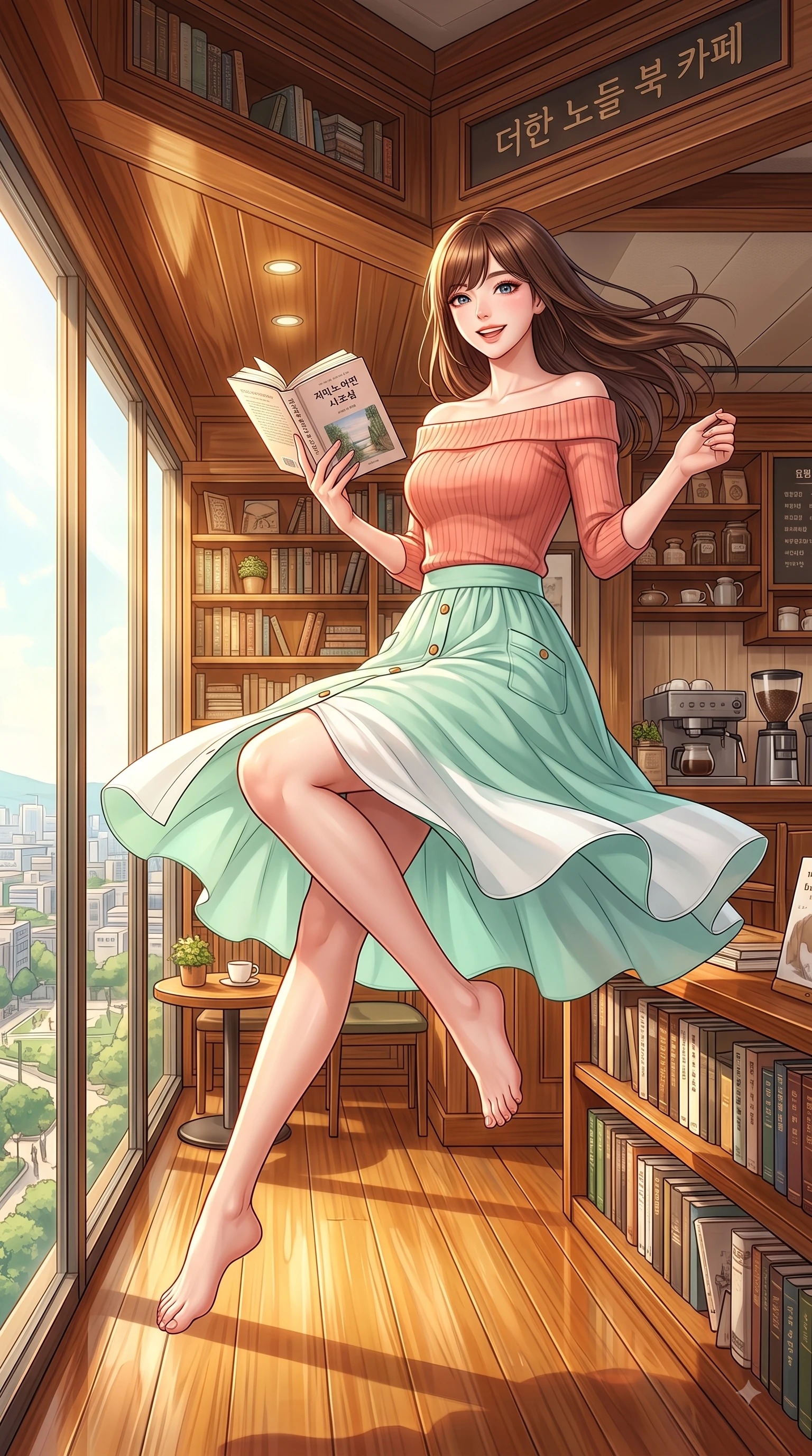 score_9, masterpiece, best quality, ultra-detailed, high-budget anime keyframe, editorial fashion photography, tasteful artistic composition, Korean woman. low angle full-body shot from head to toe showing her feet, filling the entire 9:16 vertical frame with her statuesque presence, stretching her vertical silhouette. leaping with pure youthful energy through the scene with a radiant bright smile, her long slender legs balanced gracefully while sitting by a large sunlit glass window inside a warm wooden book cafe, holding a favorite book. The surrounding environment is rendered in vivid detail and crisp panoramic clarity. rich wooden interior textures and cozy coffee shop decor rendered with vivid environmental detail. She has an absolutely perfect, statuesque 8.5-heads proportion, an exceptionally tall and slender model-like female figure with impossibly long slender legs and an ultra-slim waist. sharp v-shaped jawline, high-bridge nose, intricate jewel-like eyes with depth, thick eyelashes, glossy lips with a natural sheen, flawlessly proportioned anatomical accuracy, natural body alignment, perfectly sculpted elegant limbs, clean dynamic posture without body distortion. wearing a soft coral off-shoulder ribbed knit top paired with a flowy white A-line midi skirt in refreshing mint green and crisp white, made of fine lightweight chiffon that flutters gently in the breeze, finished with neat front wooden buttons and pocket details, the breezy lightweight fabric fluttering softly against her delicate frame. bathed in warm golden sunlight streaming through clean glass cafe windows. highly saturated vibrant anime colors, detailed shading with soft gradients, rich glossy textures, high-contrast stereoscopic depth, volumetric dynamic lighting, master piece, 9:16 ratio