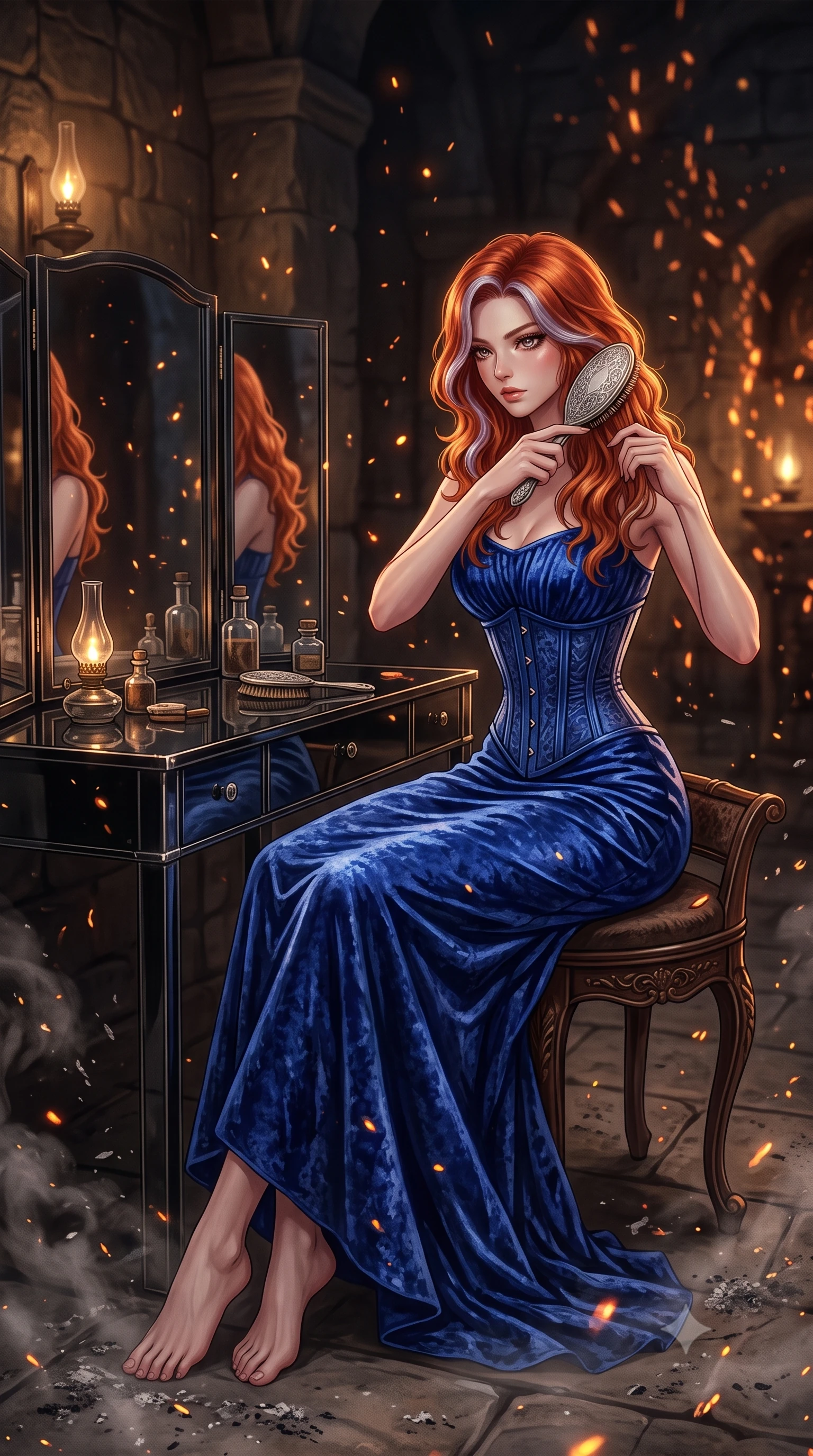 score_9, masterpiece, best quality, ultra-detailed, High-budget Anime Keyframe, Caucasian woman, strictly human ears. Dynamic full-body shot stretching the vertical silhouette to the limit. Scenario 411: brushing her hair while seated before a vanity of black glass in a quiet chamber filled with glowing embers and floating ash particles. Her presence is magnetic and overpowering in this high-budget anime scene. Outfit 411: a form-contouring cobalt blue crushed velvet corset dress layered over a structured corset bodice. The clothing is designed to emphasize her exceptionally tall and slender 8-heads proportion. 8-heads proportion, towering silhouette, ultra-slim waist. sharp v-shaped jawline, intricate jewel-like eyes with depth, thick eyelashes, glossy lips. 2k, ultra detail, master piece, 9:16 ratio