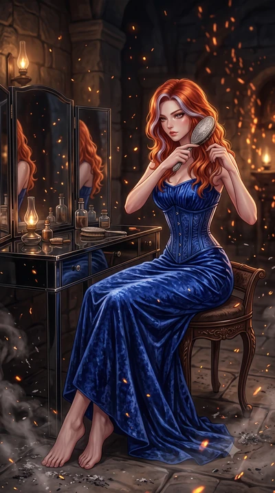 score_9, masterpiece, best quality, ultra-detailed, High-budget Anime Keyframe, Caucasian woman, strictly human ears. Dynamic full-body shot stretching the vertical silhouette to the limit. Scenario 411: brushing her hair while seated before a vanity