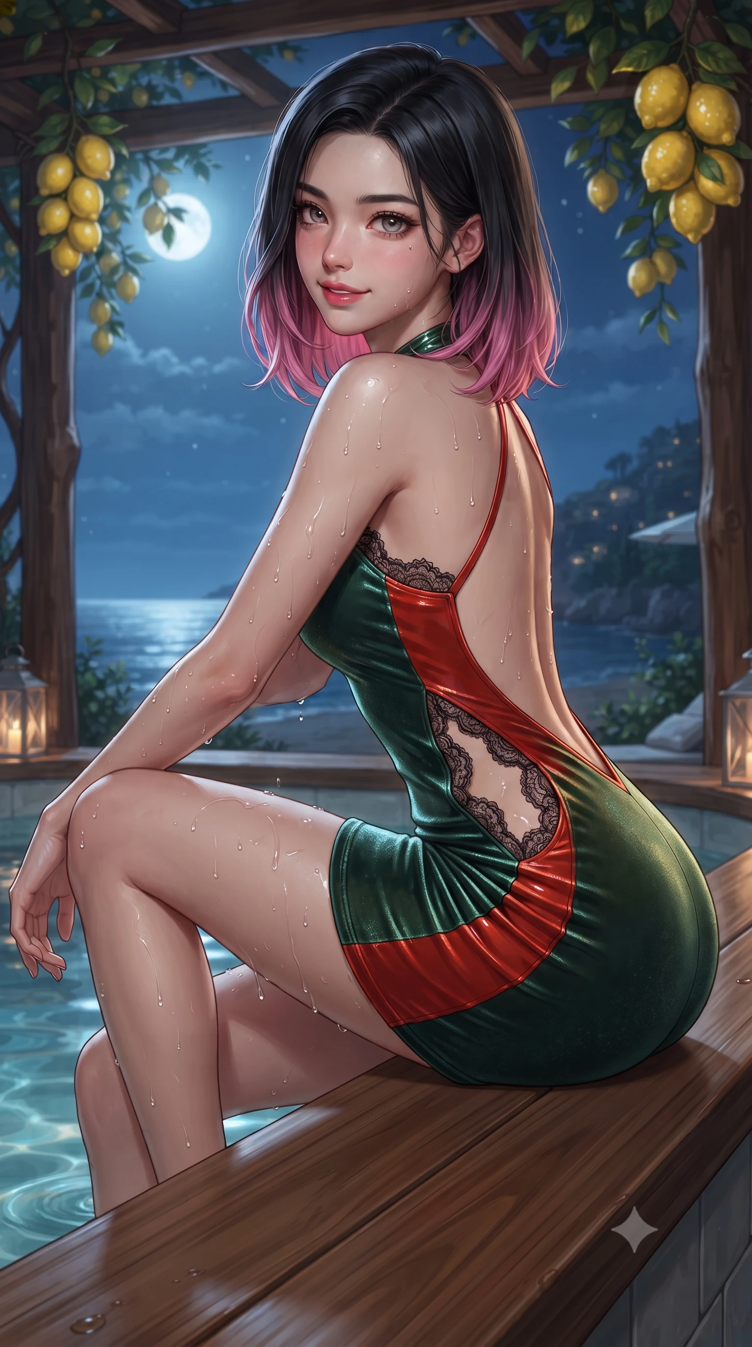 score_9, masterpiece, best quality, ultra-detailed, high-budget anime keyframe, editorial fashion photography, tasteful artistic composition, Korean woman. close-up cowboy shot from the waist and thighs up, the character dominates the composition, filling the frame with her large presence. perched sideways on the lounge seat, one knee drawn up to showcase her slender leg line while her arched back accentuates her feminine hip curve while lounging on the wide teak spa ledge propped on one elbow, her statuesque 8.5-heads silhouette commanding the moonlit Capri shoreline. The surrounding environment is rendered in vivid detail and crisp panoramic clarity: sharp rustic chestnut pergola wood grain, glossy yellow lemon rinds, and glistening water droplets on toned skin in deep focus. She has an exceptionally elegant, slender, and willowy female figure with an ultra-slim waist, flat toned midriff, narrow ribcage, and sculpted feminine hips creating an alluring, slim hourglass silhouette without bulk. sharp v-shaped jawline, high-bridge nose, sparkling eyes with hypnotic seductive depth, thick curled eyelashes, glossy parted lips with a natural dewy peach sheen, alluring bedroom-eyes with an enchanting coquettish smile, exuding magnetic siren charisma and sophisticated glamour, flawlessly proportioned anatomical accuracy, strict slender model proportions, natural body alignment, perfectly sculpted long slender limbs, ultra-slim waistline, clean dynamic posture without body distortion. wearing a backless halterneck column mini dress in shimmering liquid vinyl clinging like a second skin in Kyoto bamboo jade and lacquer vermilion, tailored from ultra-plush velvet with rich tactile depth and deep shadow gradients, finished with scalloped eyelash lace trim framing her sweetheart neckline with intimate elegance, the precision-cut side openings and low-back scoop framing her graceful spine and the sensual sweep of her slim, toned hips. illuminated by water surface reflection caustics and sharp platinum rim lights sculpting her jawline, flat midriff, and voluptuous hip curves. ultra-reflective glossy finish, specular highlights, rich textural contrasts, high-contrast stereoscopic depth, volumetric dynamic lighting, 2k, ultra detail, master piece, 9:16 ratio