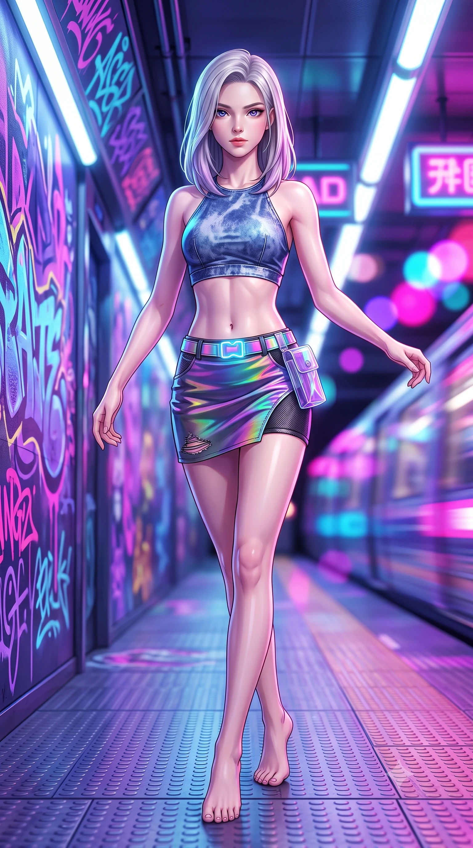 score_9, masterpiece, best quality, ultra-detailed, high-budget anime keyframe, semi-realistic 3D game render, editorial fashion photography, tasteful artistic composition, Caucasian woman. low angle full-body shot from head to toe showing her feet, filling the entire 9:16 vertical frame with her statuesque presence, stretching her vertical silhouette. executing an elegant mid-motion spin with effortless grace, her garments fluttering softly around her ultra-slim waistline while posing dynamically in a futuristic subway station corridor covered in glowing ultraviolet cyber-graffiti murals. The composition keeps background elements in soft focus with creamy bokeh. speeding maglev train motion blur and glowing neon graffiti tags blurred into vivid magenta, cyan, and violet bokeh. She has an absolutely perfect, statuesque 8.5-heads proportion, an exceptionally tall and slender model-like female figure with impossibly long slender legs, a toned flat midriff, and an ultra-slim waist. sharp v-shaped jawline, high-bridge nose, intricate jewel-like eyes with depth, thick eyelashes, glossy lips with a natural sheen, captivating and magnetic expression, flawlessly proportioned anatomical accuracy, strict slender model proportions, natural body alignment, perfectly sculpted long slender limbs, ultra-slim waistline, clean dynamic posture without body distortion. wearing an acid-wash denim halter crop top paired with a distressed asymmetrical micro-mini skirt in iridescent rainbow prism and deep charcoal, crafted from high-gloss metallic ripstop nylon and flexible carbon mesh, complemented by a neon LED belt buckle and translucent vinyl holster, the glove-like aerodynamic second-skin fit tightly clinging to her ultra-slender waist and athletic curves without adding bulk, accentuating her razor-sharp statuesque lines and slim hourglass silhouette. illuminated by crisp specular highlights defining her toned flat midriff and athletic curves. highly saturated vibrant anime colors, detailed shading with soft gradients, rich glossy textures, high-contrast stereoscopic depth, volumetric dynamic lighting, master piece, 9:16 ratio