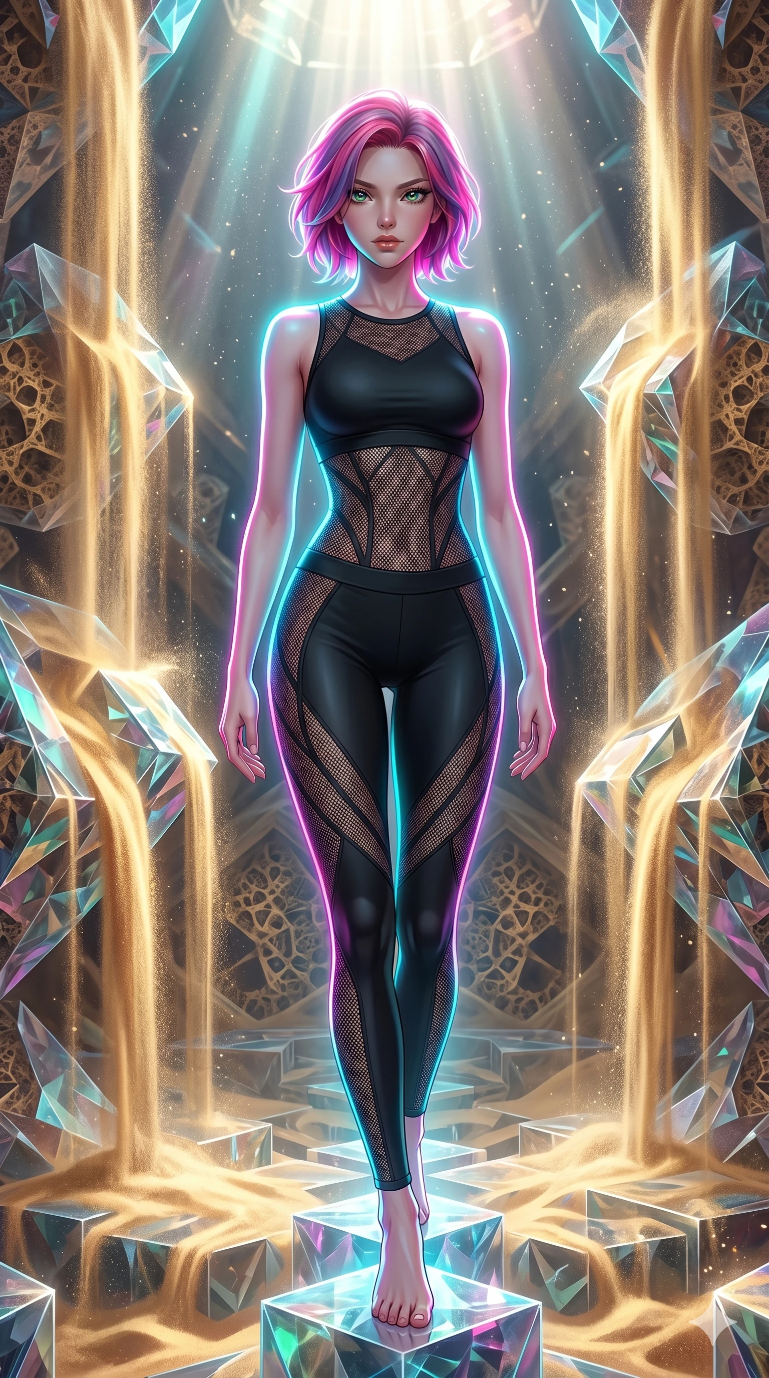 score_9, masterpiece, best quality, ultra-detailed, high-budget anime keyframe, Japanese woman. upper body close-up from the thighs up, character filling the screen for maximum presence. descending through a fractal quicksand temple where golden sand waterfalls transform into glass crystals, revealing intricate repeating patterns. She has an absolutely perfect 8-heads proportion, an exceptionally tall and slender female figure with impossibly long slender legs and an ultra-slim waist. V-shaped jawline, high-bridge nose, intricate jewel-like eyes with depth, thick eyelashes, glossy lips with a natural sheen.. wearing a sheer mesh athleisure set, featuring a tight matte black top and leggings with semi-opaque mesh panels tracing the curves of her waist and thighs. bathed in brilliant cinematic volumetric lighting and intense neon rim light highlighting her slender form. 2k, ultra detail, master piece, 9:16 ratio
