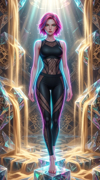 score_9, masterpiece, best quality, ultra-detailed, high-budget anime keyframe, Japanese woman. upper body close-up from the thighs up, character filling the screen for maximum presence. descending through a fractal quicksand temple where golden sand